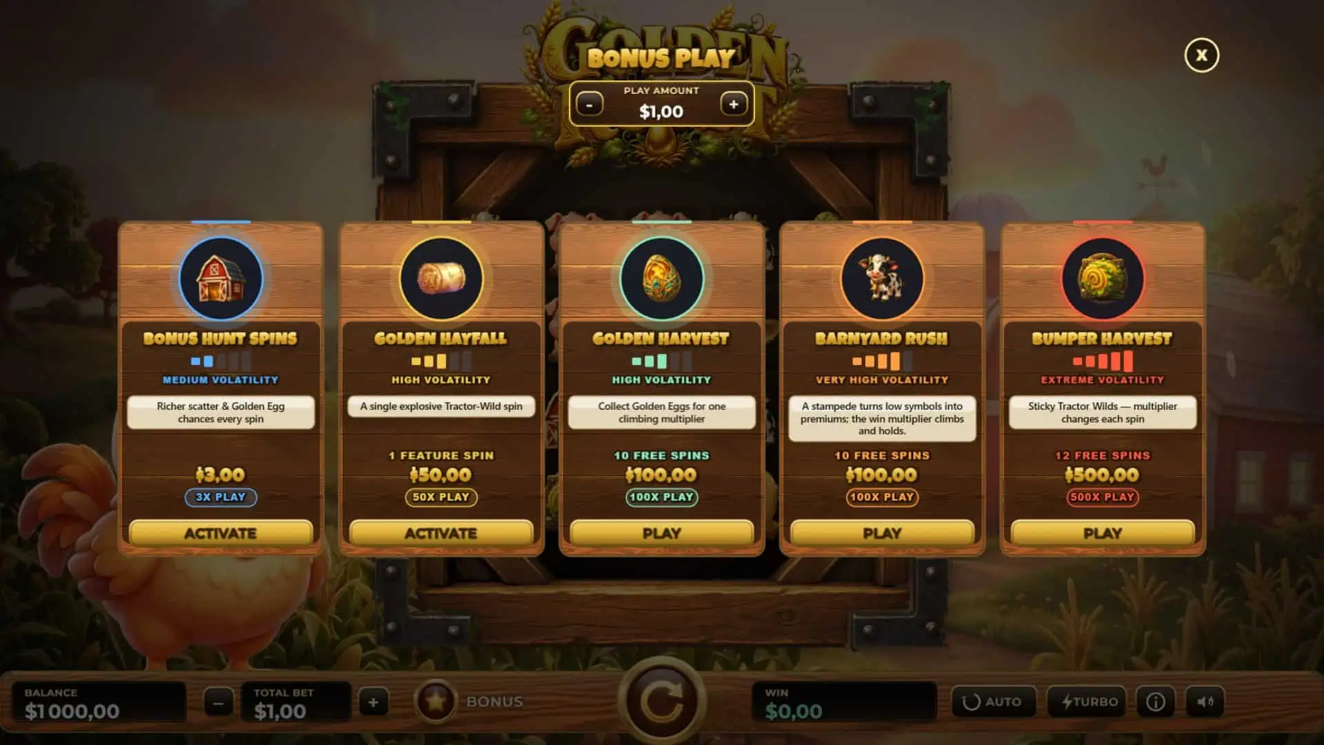 Golden Roost bonus buy menu