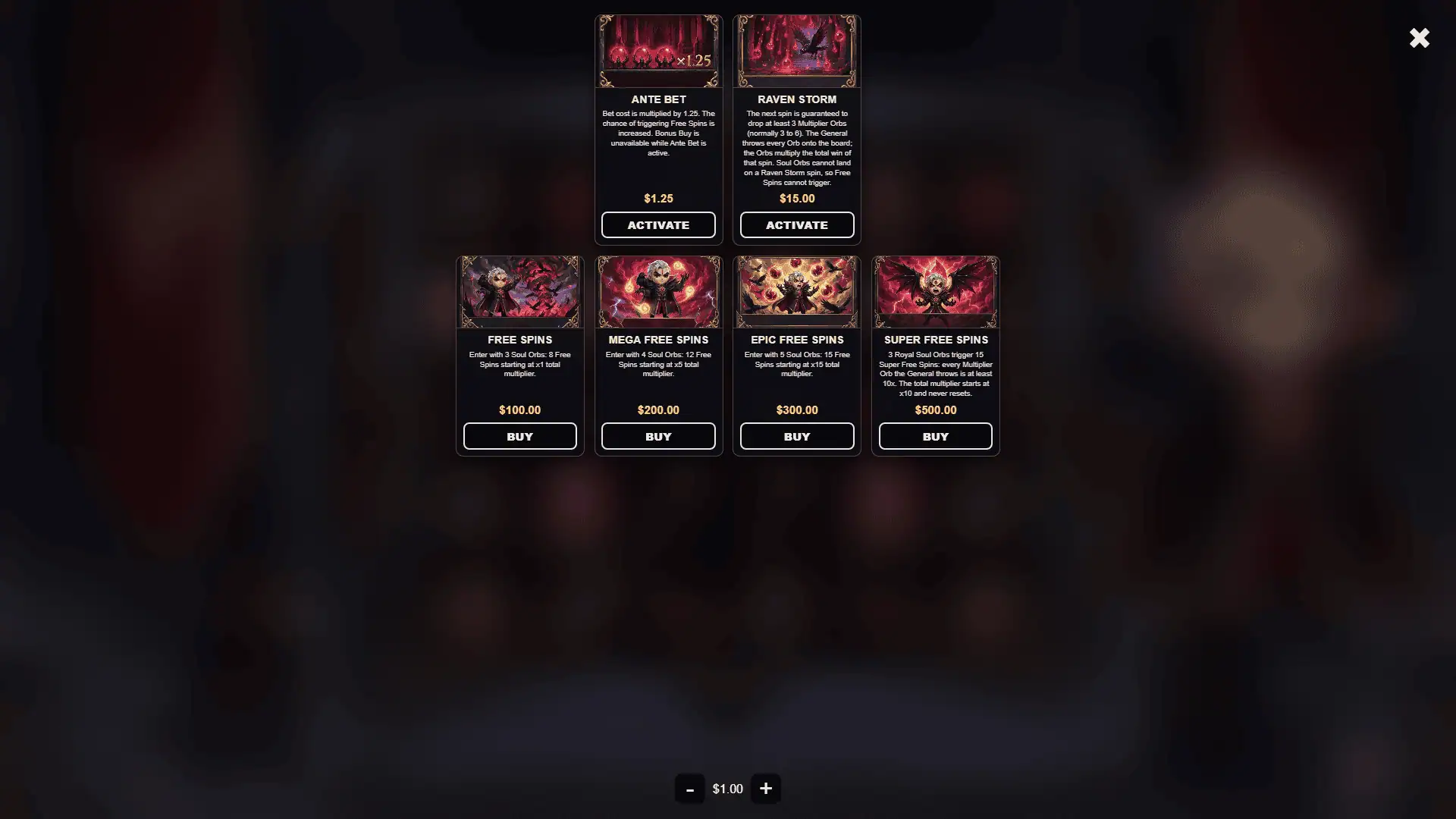 The Raven General bonus buy menu