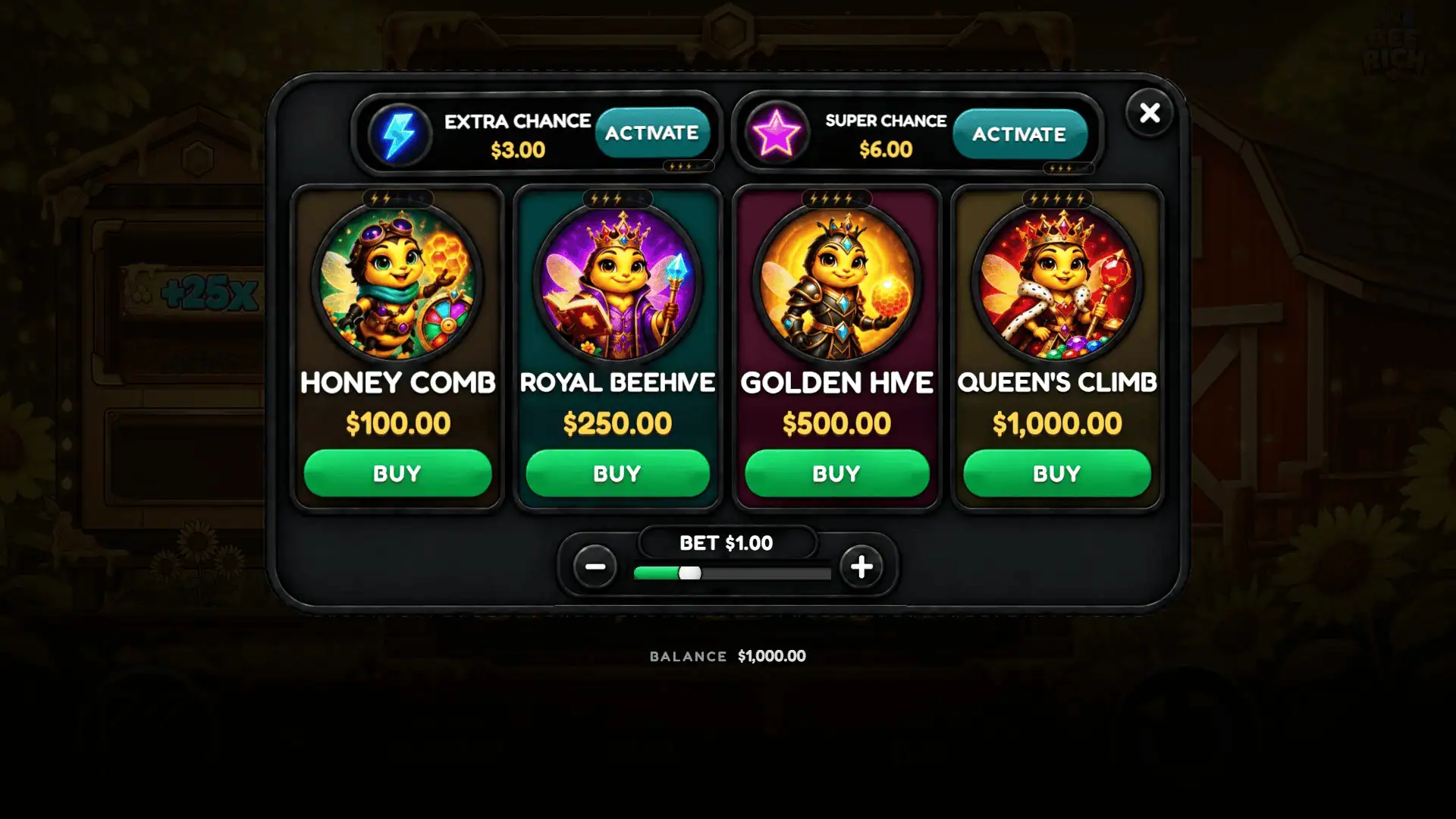Bee Rich bonus buy menu