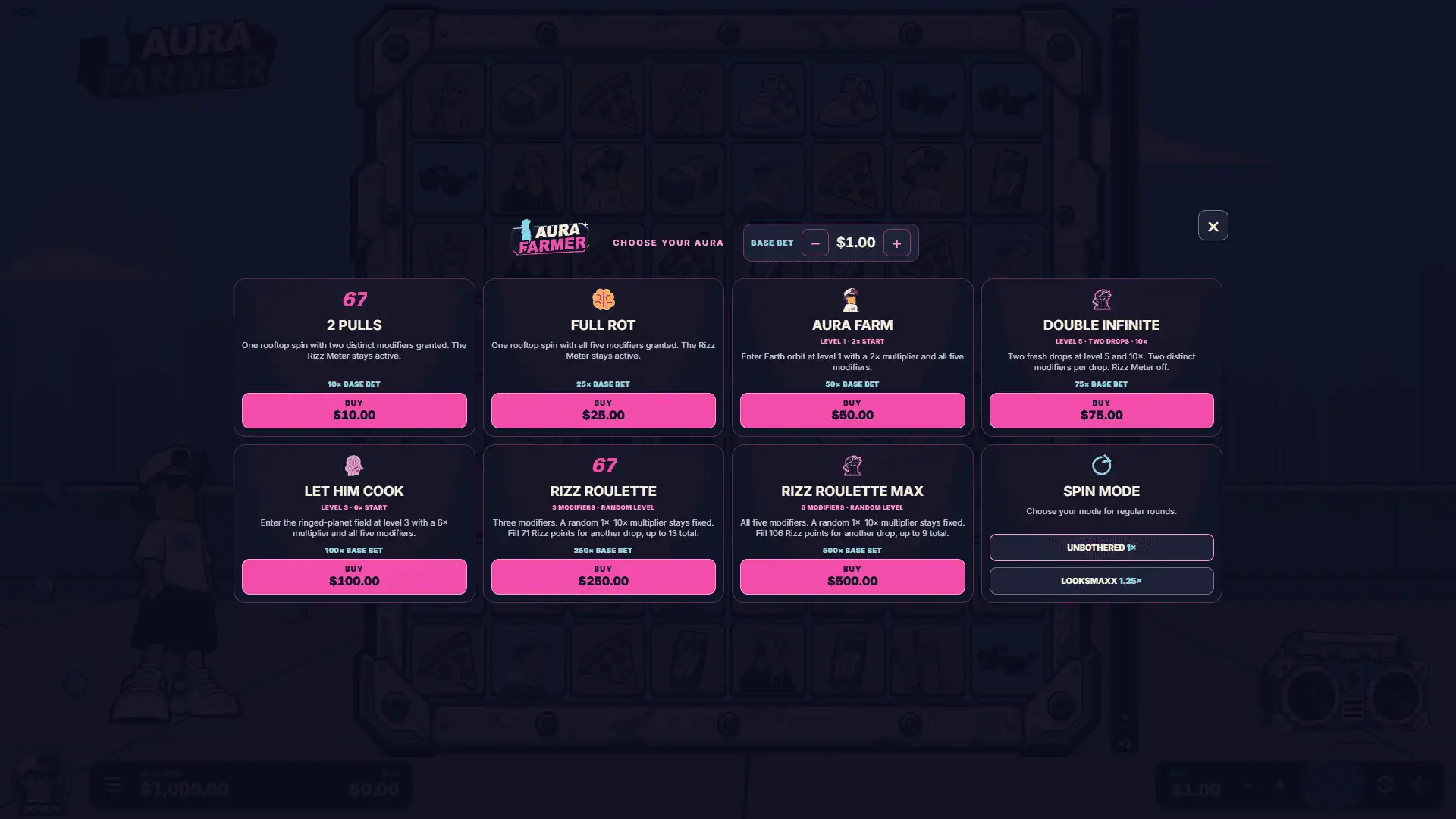 Aura Farmer bonus buy menu