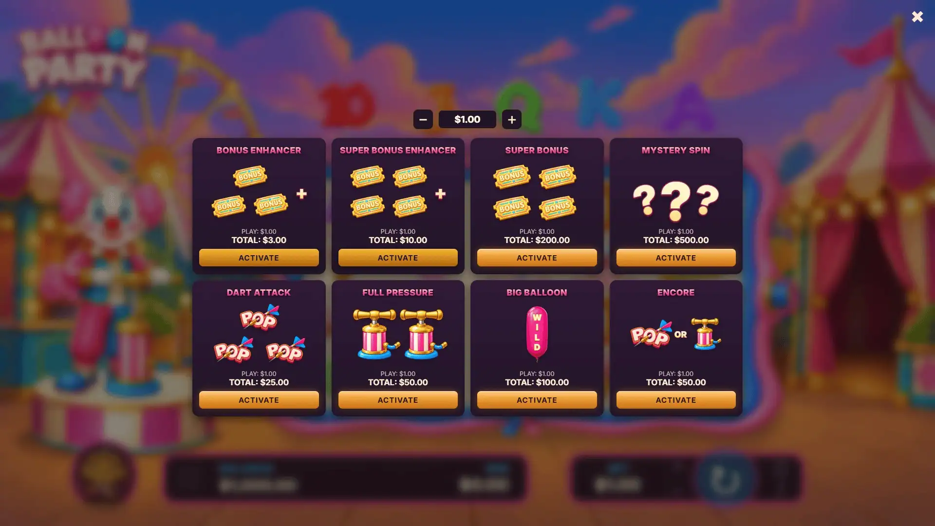 Balloon Party bonus buy menu