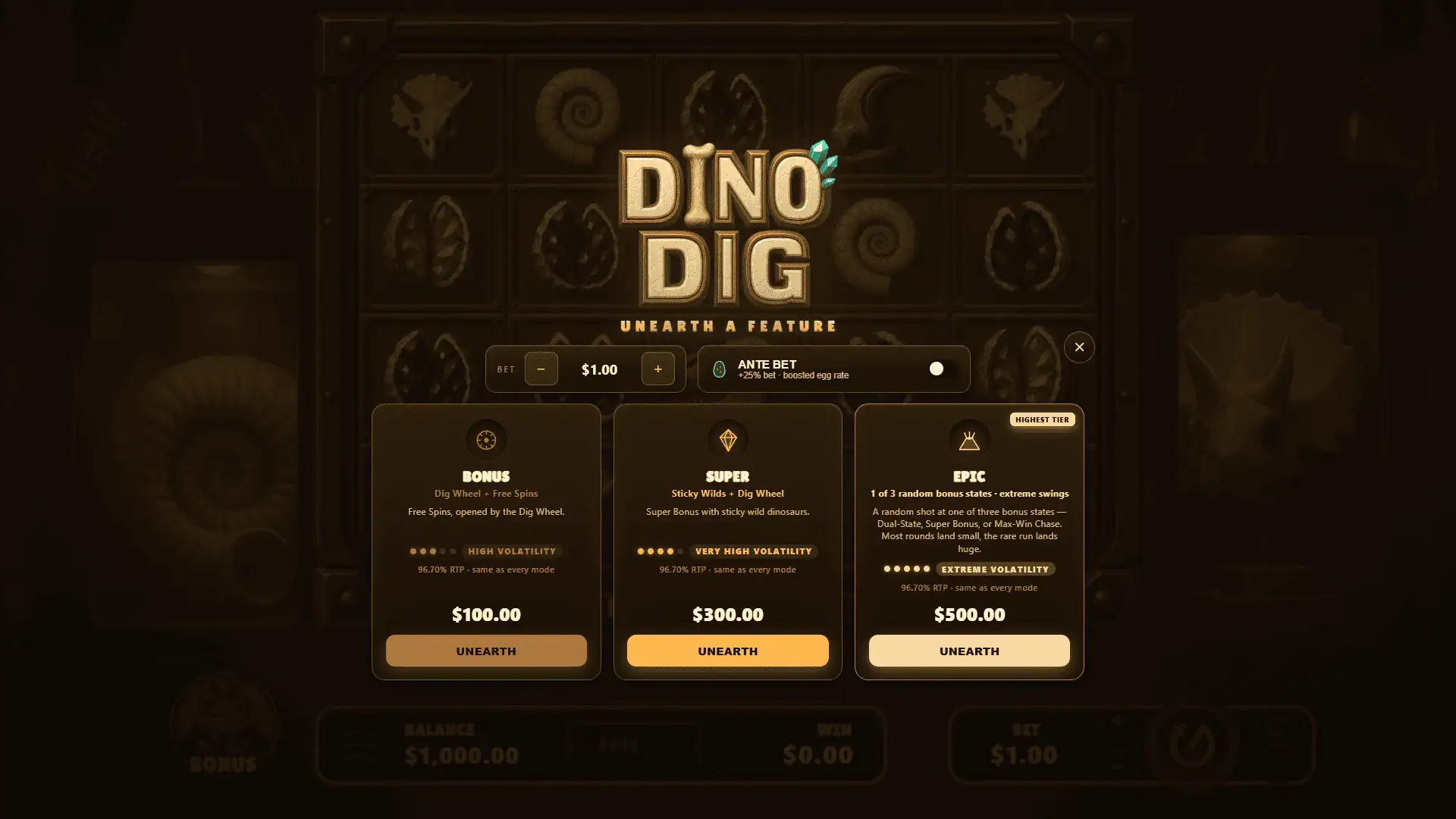 Dino Dig bonus buy menu