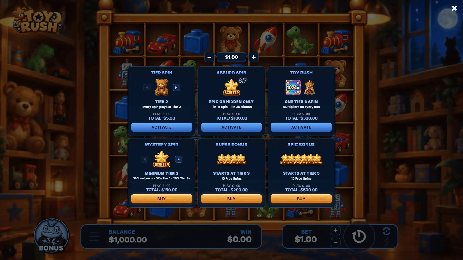 Toy Rush bonus buy menu