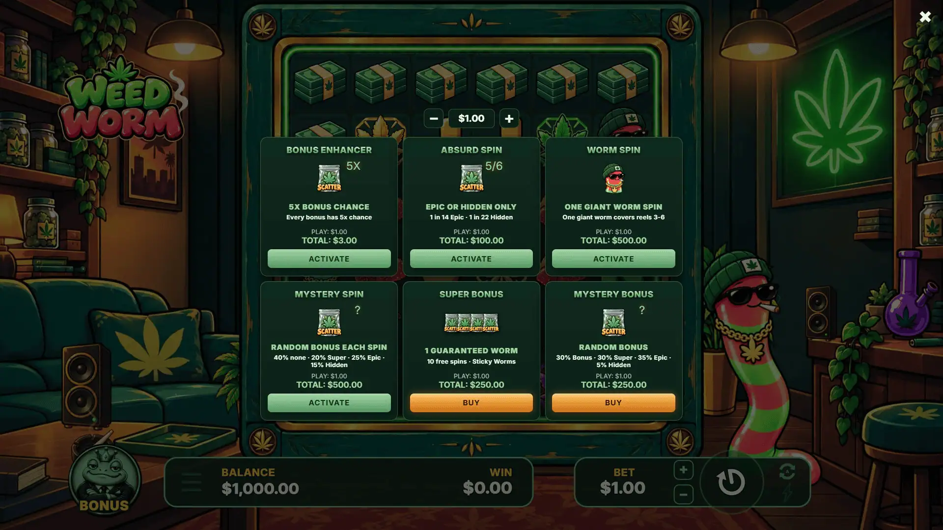 Weed Worm bonus buy menu