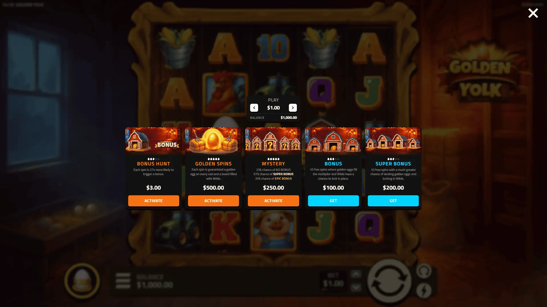 Golden Yolk bonus buy menu