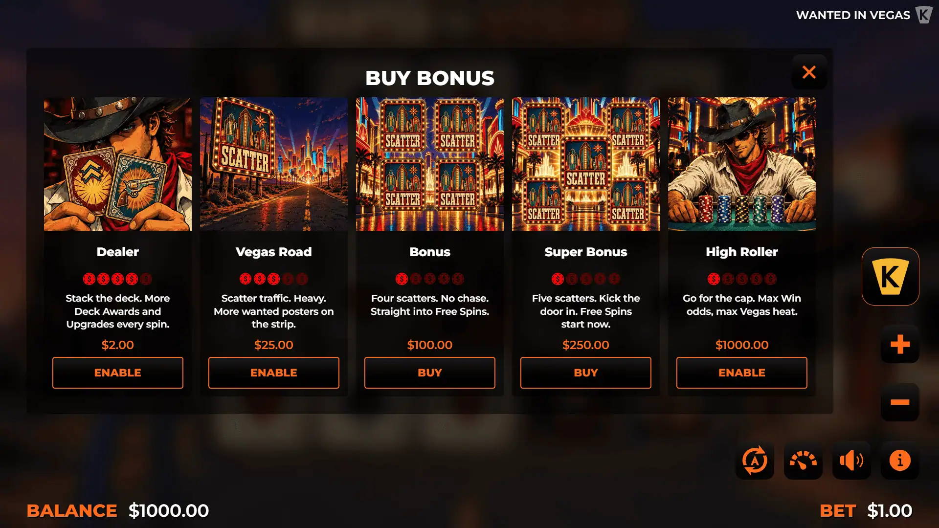 Wanted in Vegas bonus buy menu