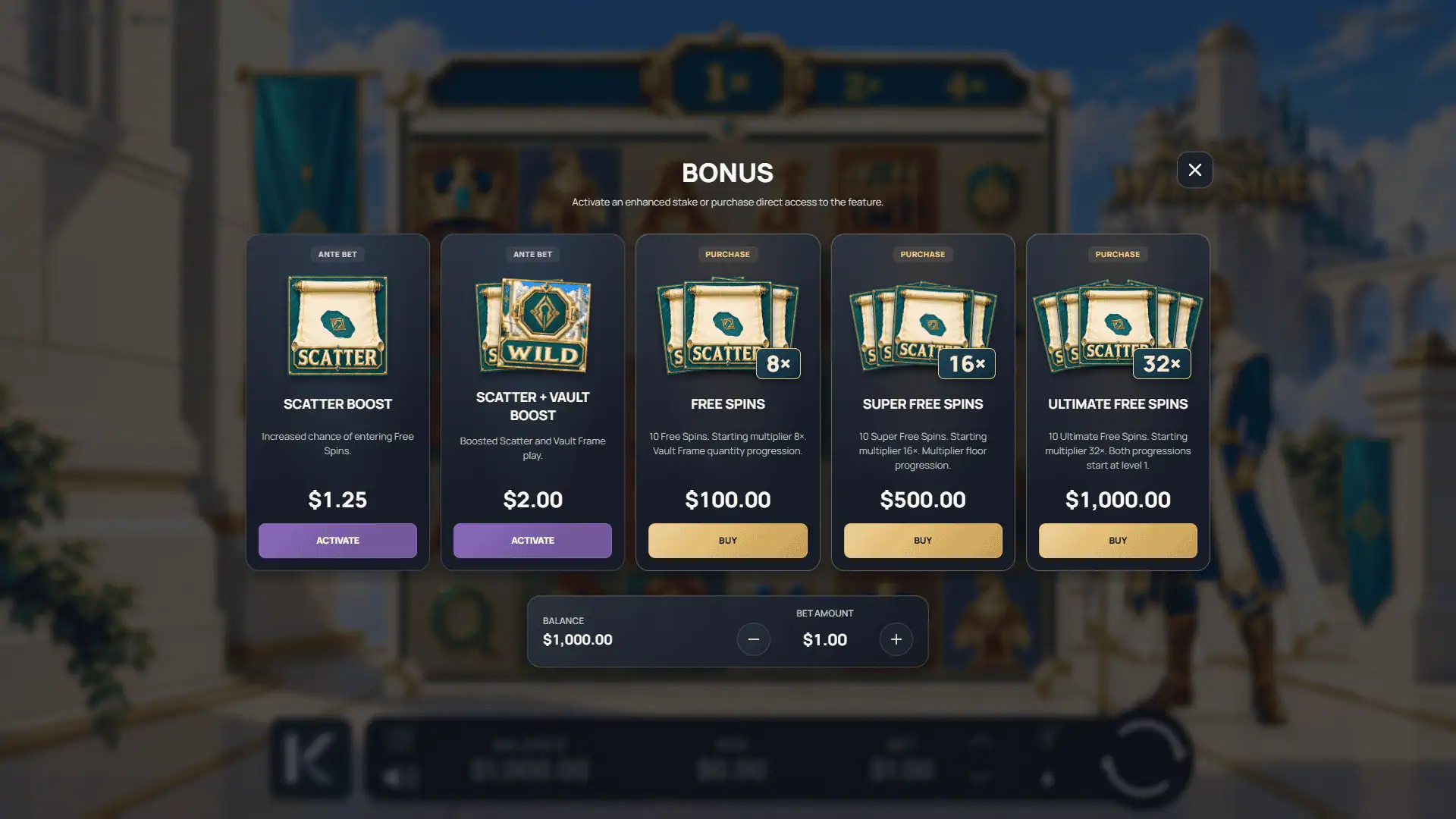 Kings Wild Side bonus buy menu