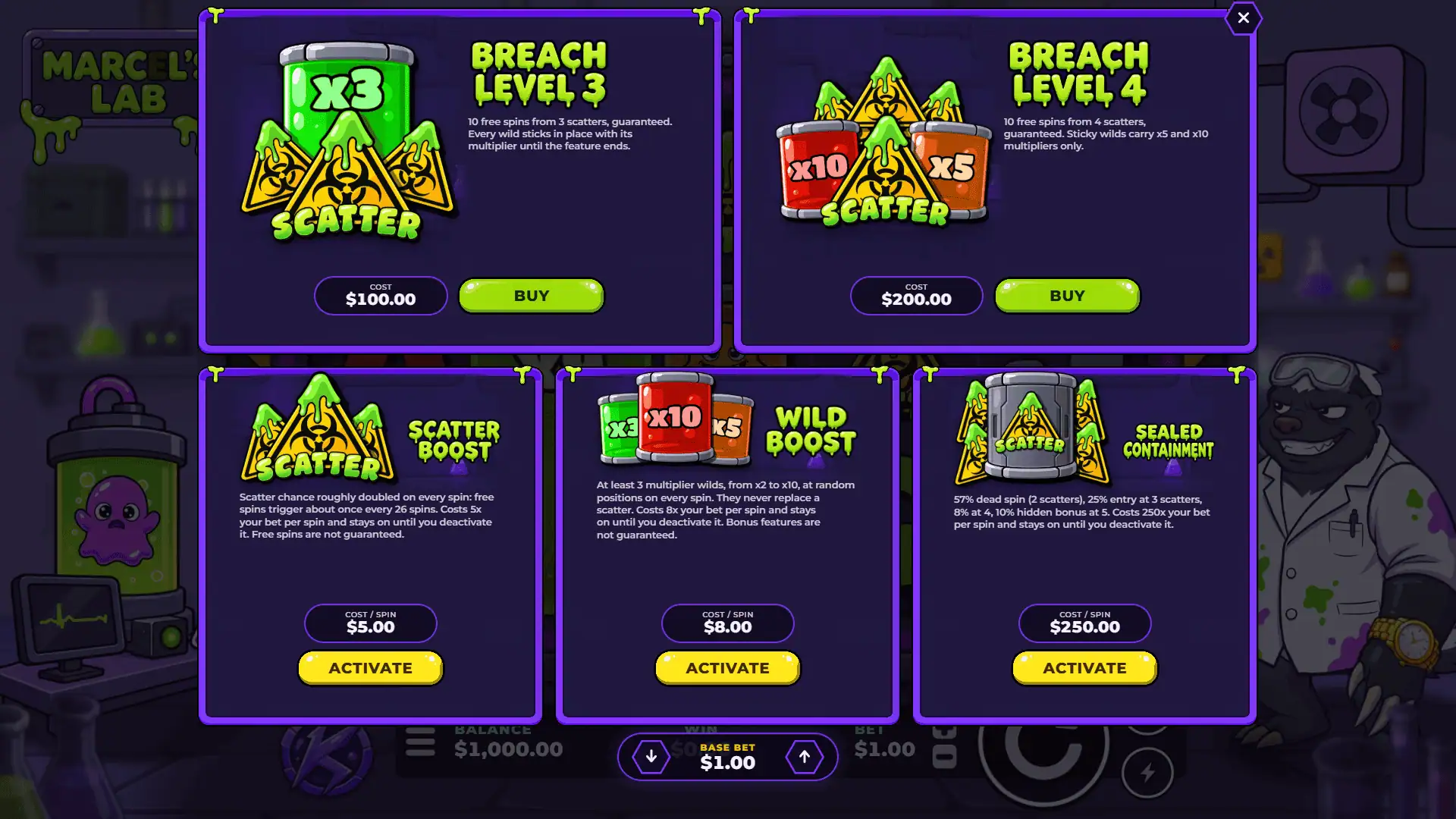 Marcels Lab bonus buy menu