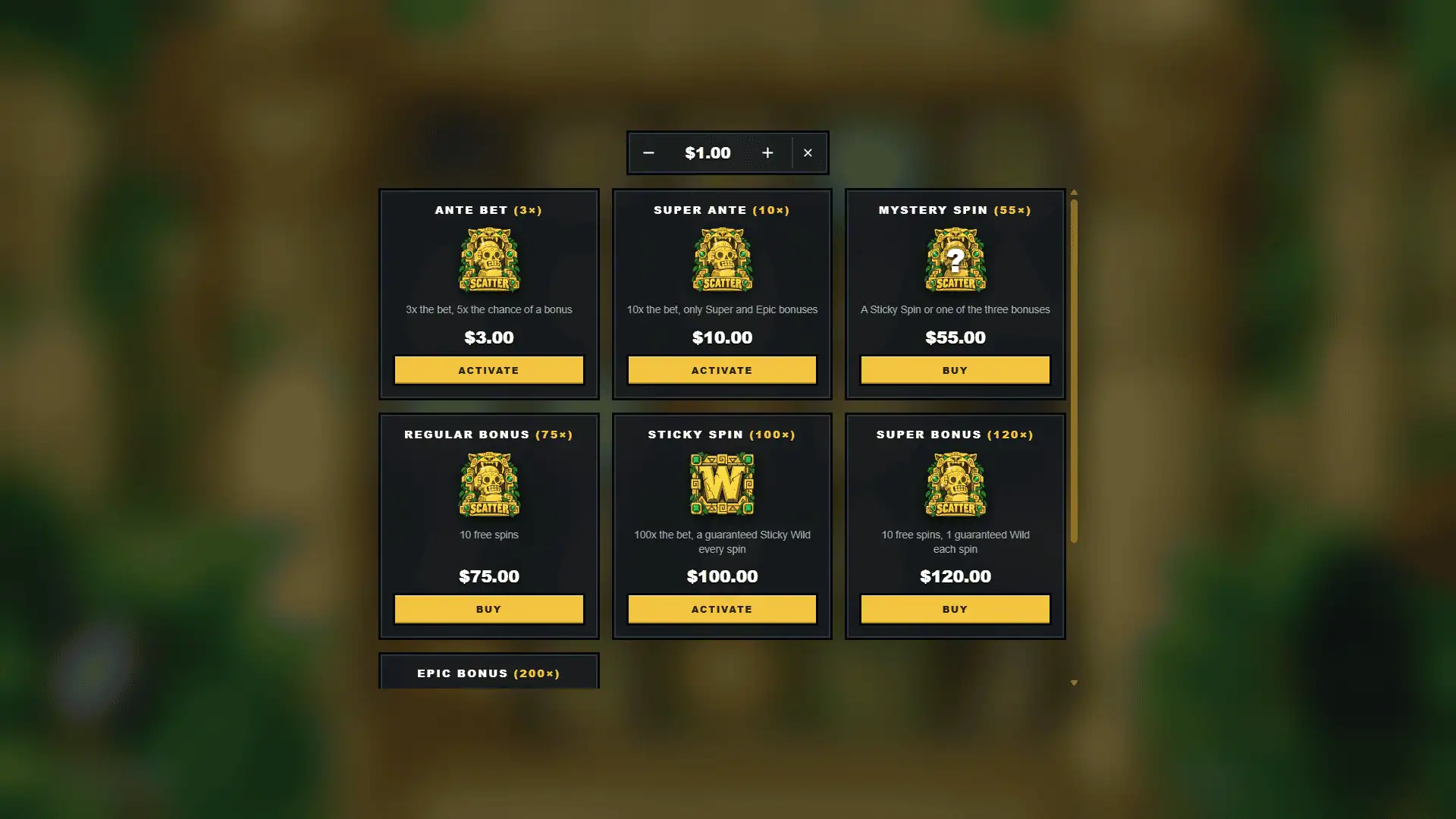 Aztec Roar bonus buy menu