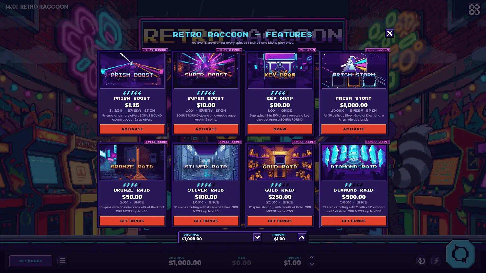 Retro Raccoon bonus buy menu