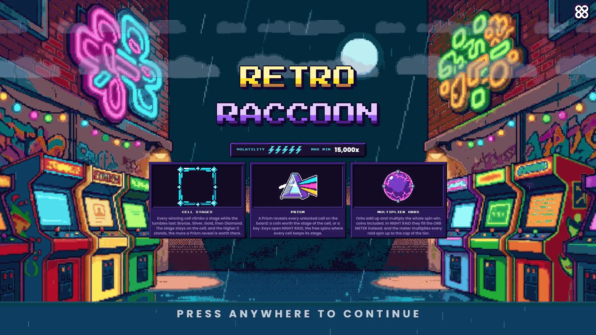 Retro Raccoon slot intro screen