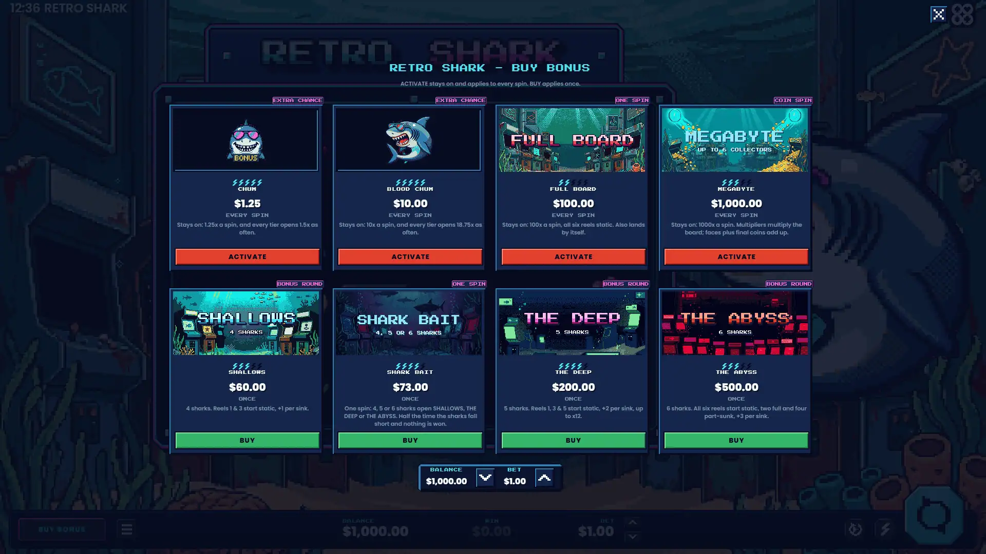 Retro Shark bonus buy menu