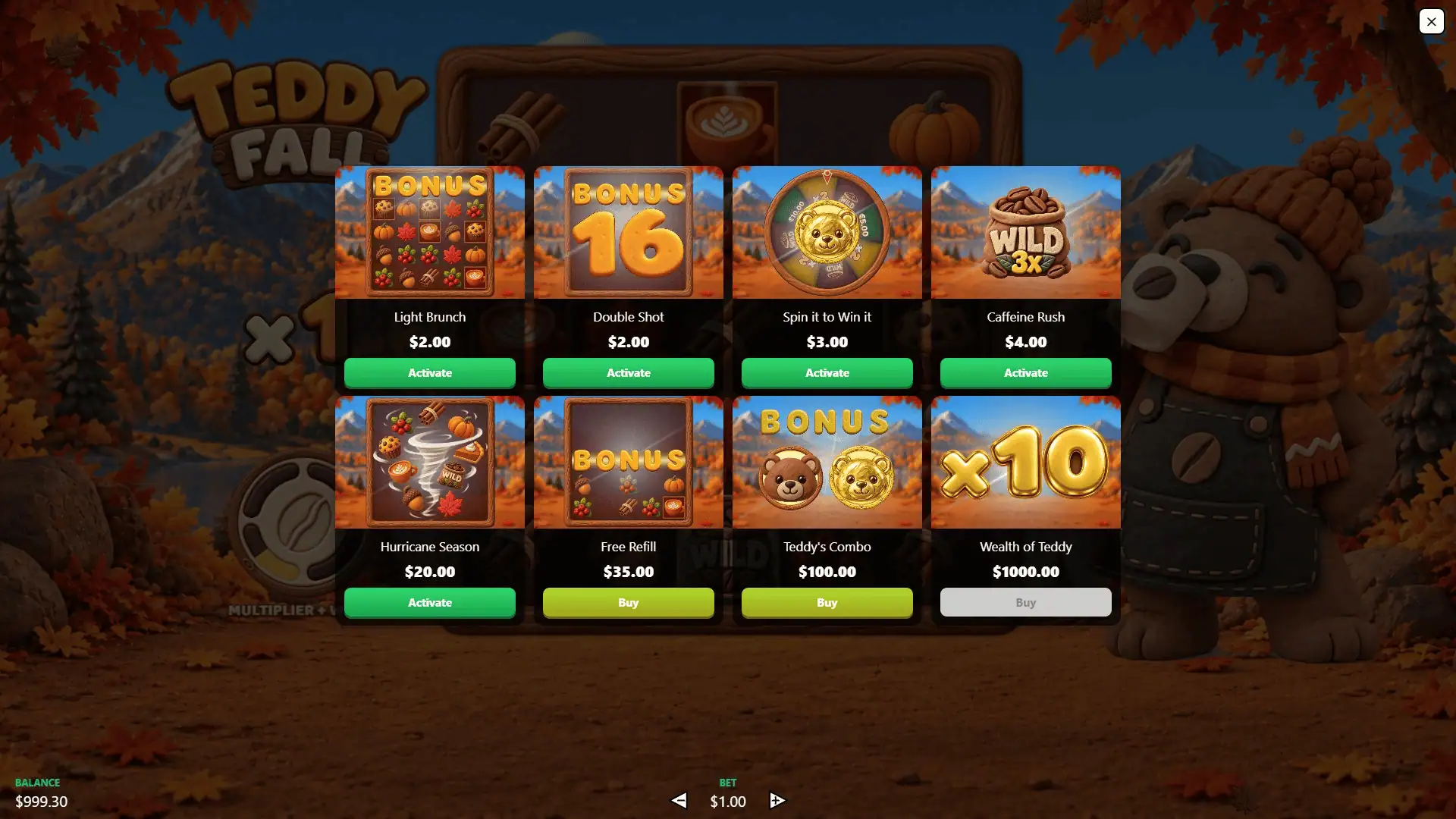 Teddy Fall bonus buy menu