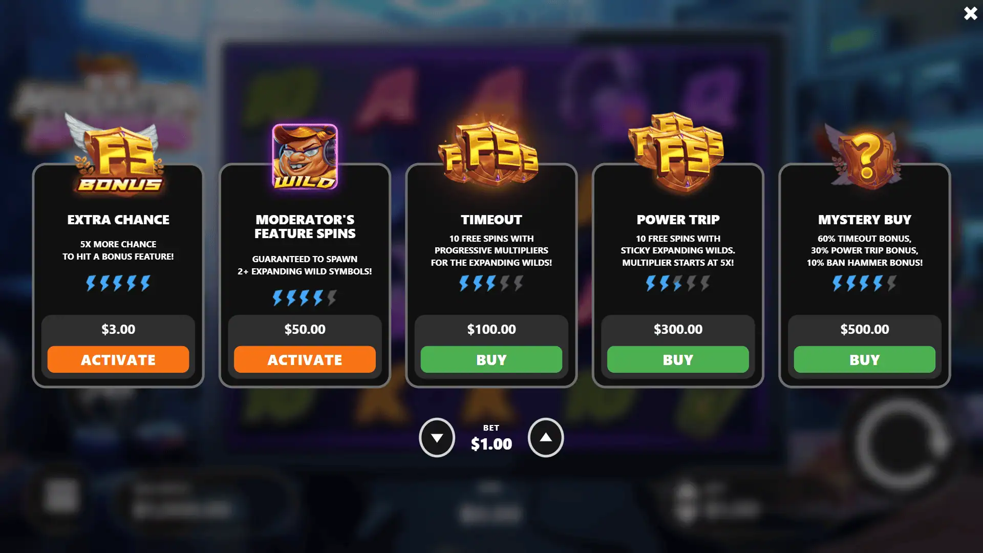 Moderator Madness bonus buy menu