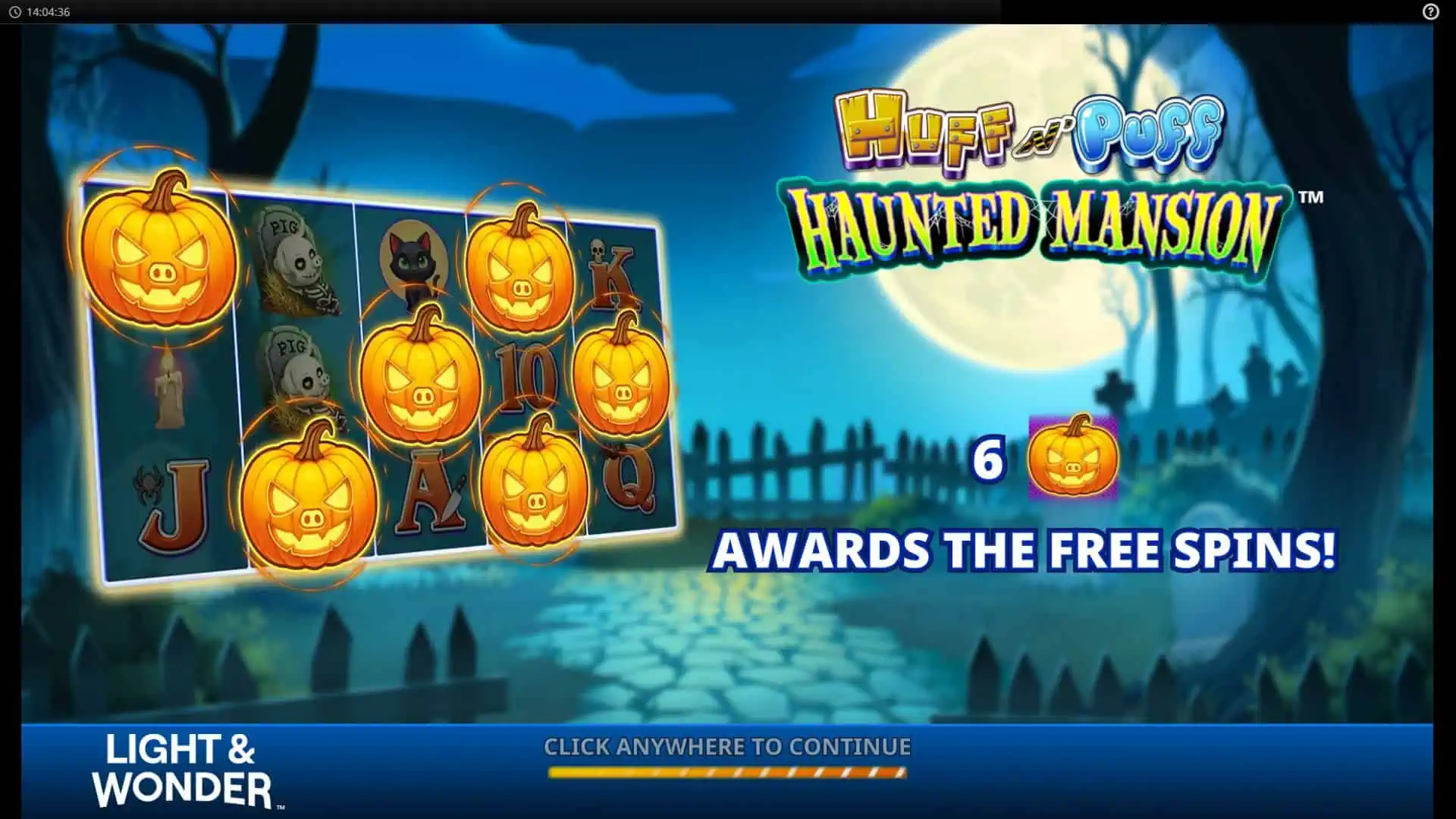 Huff N&rsquo; Puff Haunted Mansion slot intro screen