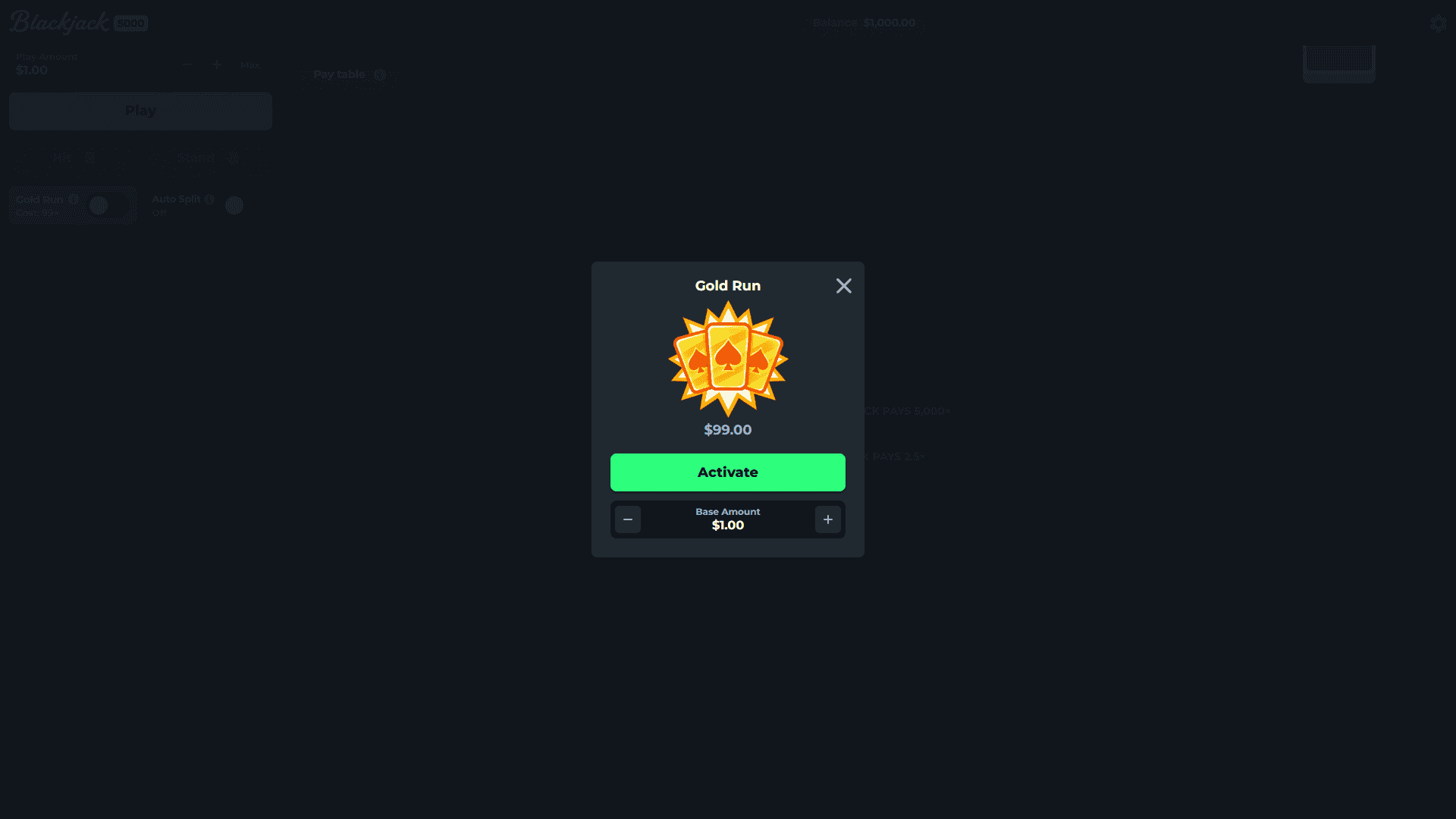 Blackjack 5000 bonus buy menu