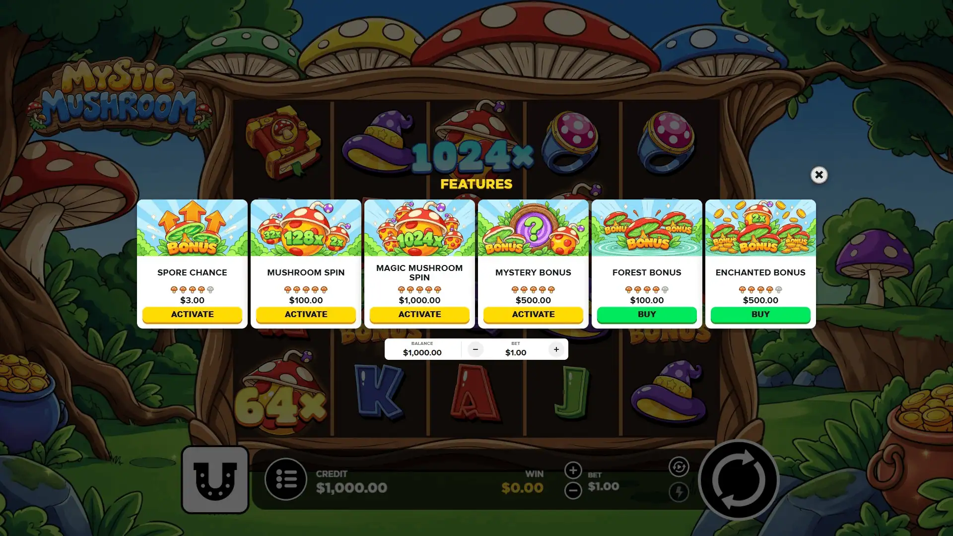 Mystic Mushroom bonus buy menu