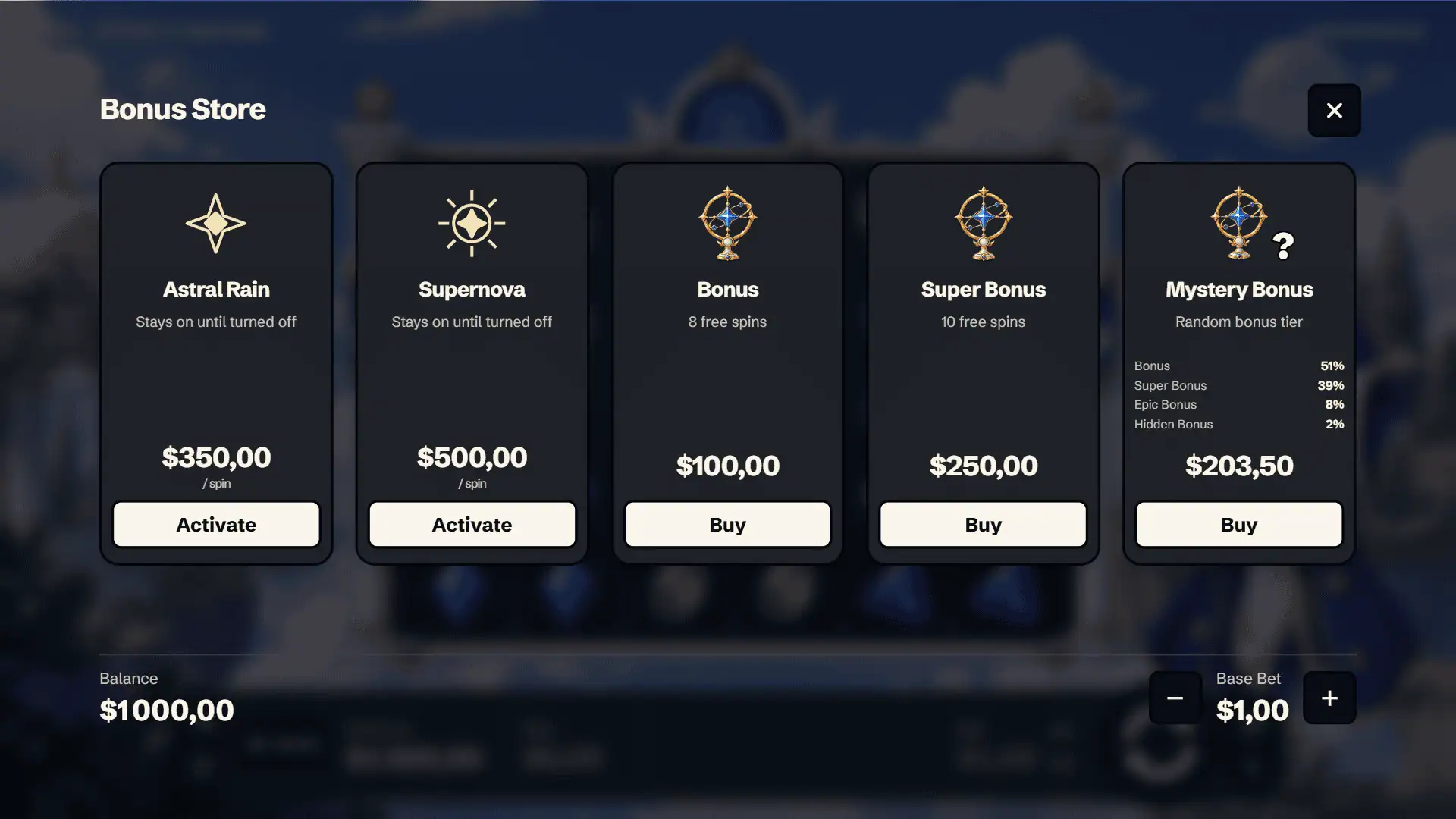 Astras Fortune bonus buy menu