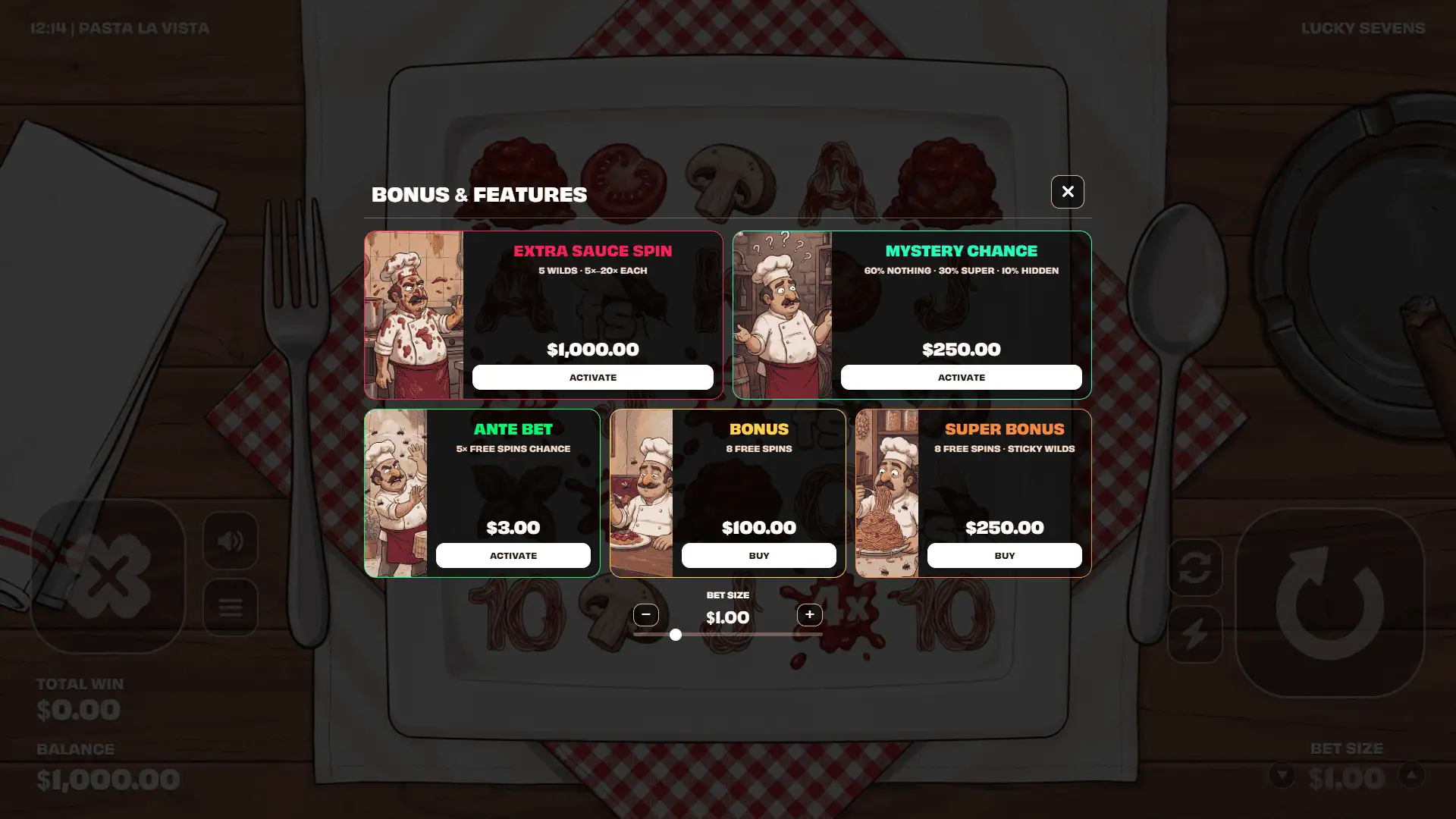 Pasta La Vista bonus buy menu