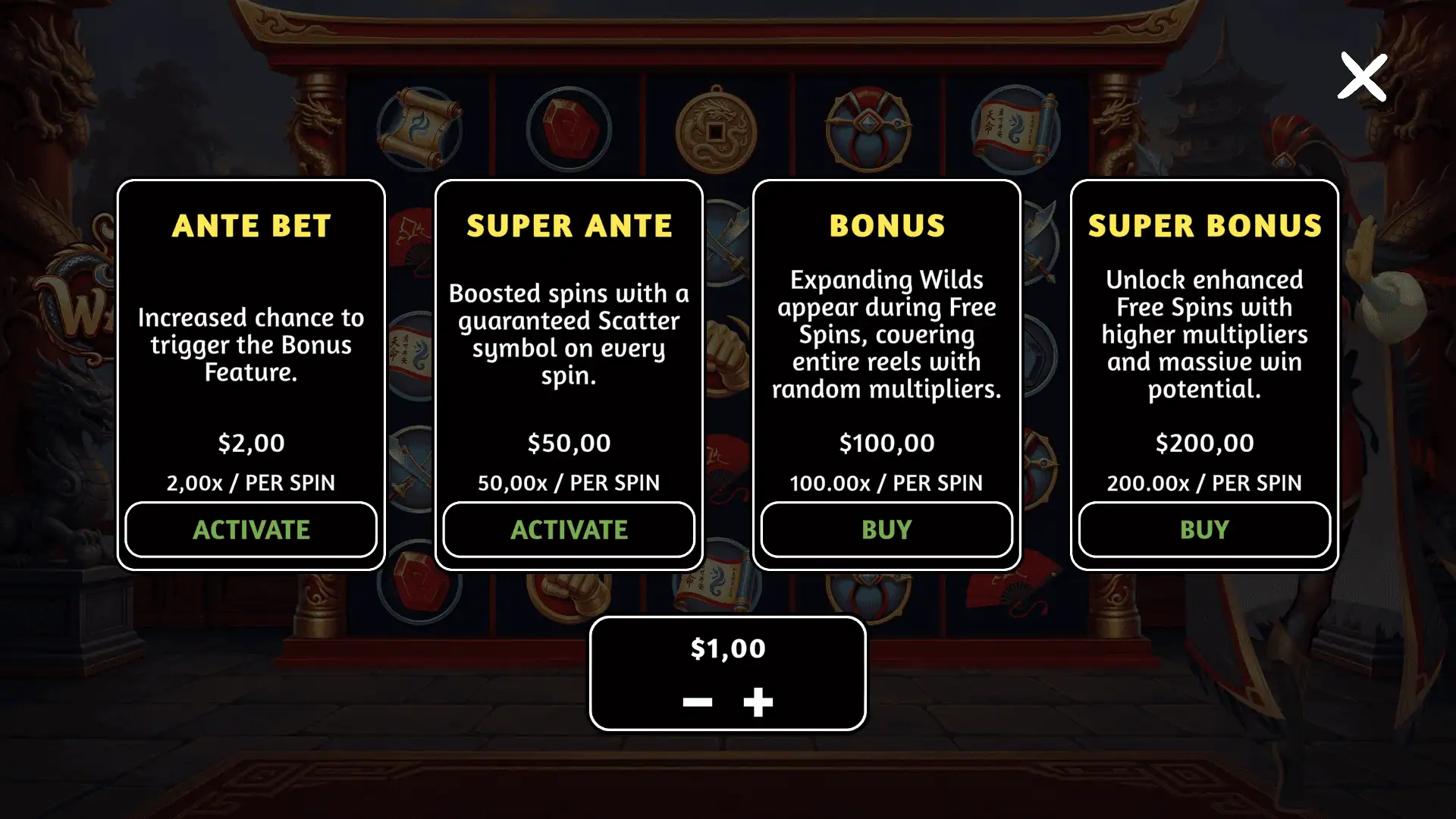 Jade Warrior bonus buy menu