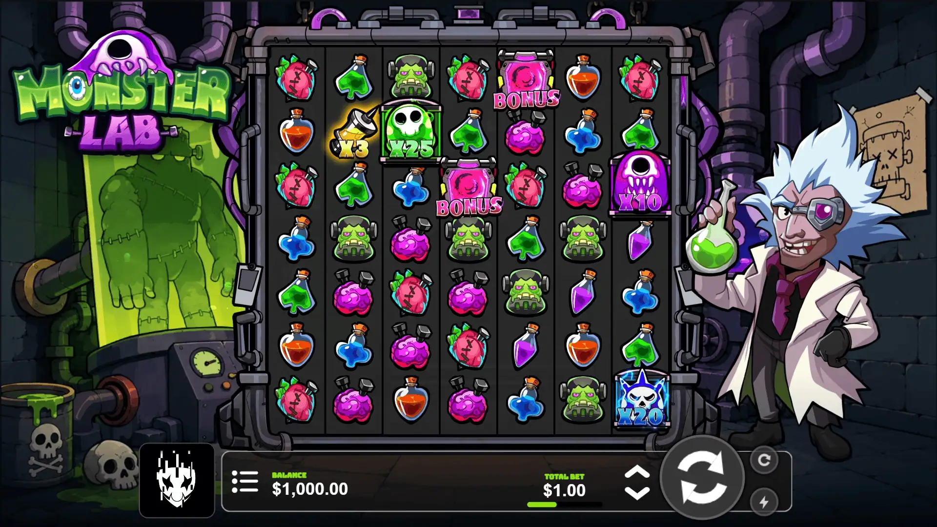 Monster Lab slot gameplay reels