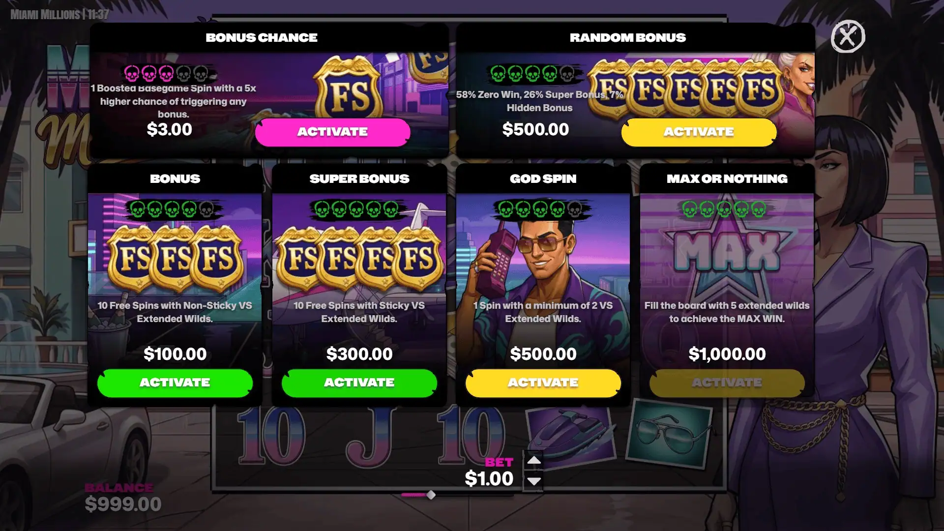 Miami Millions bonus buy menu