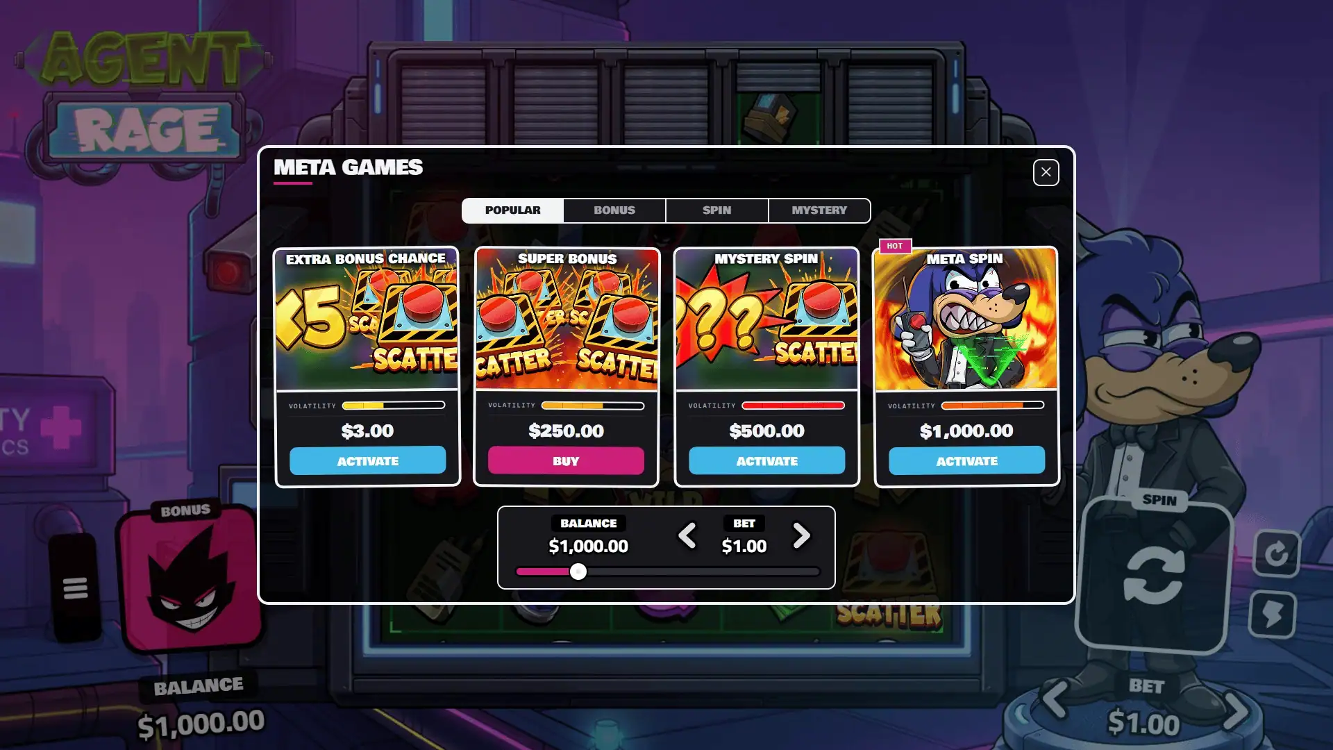 Agent Rage bonus buy menu