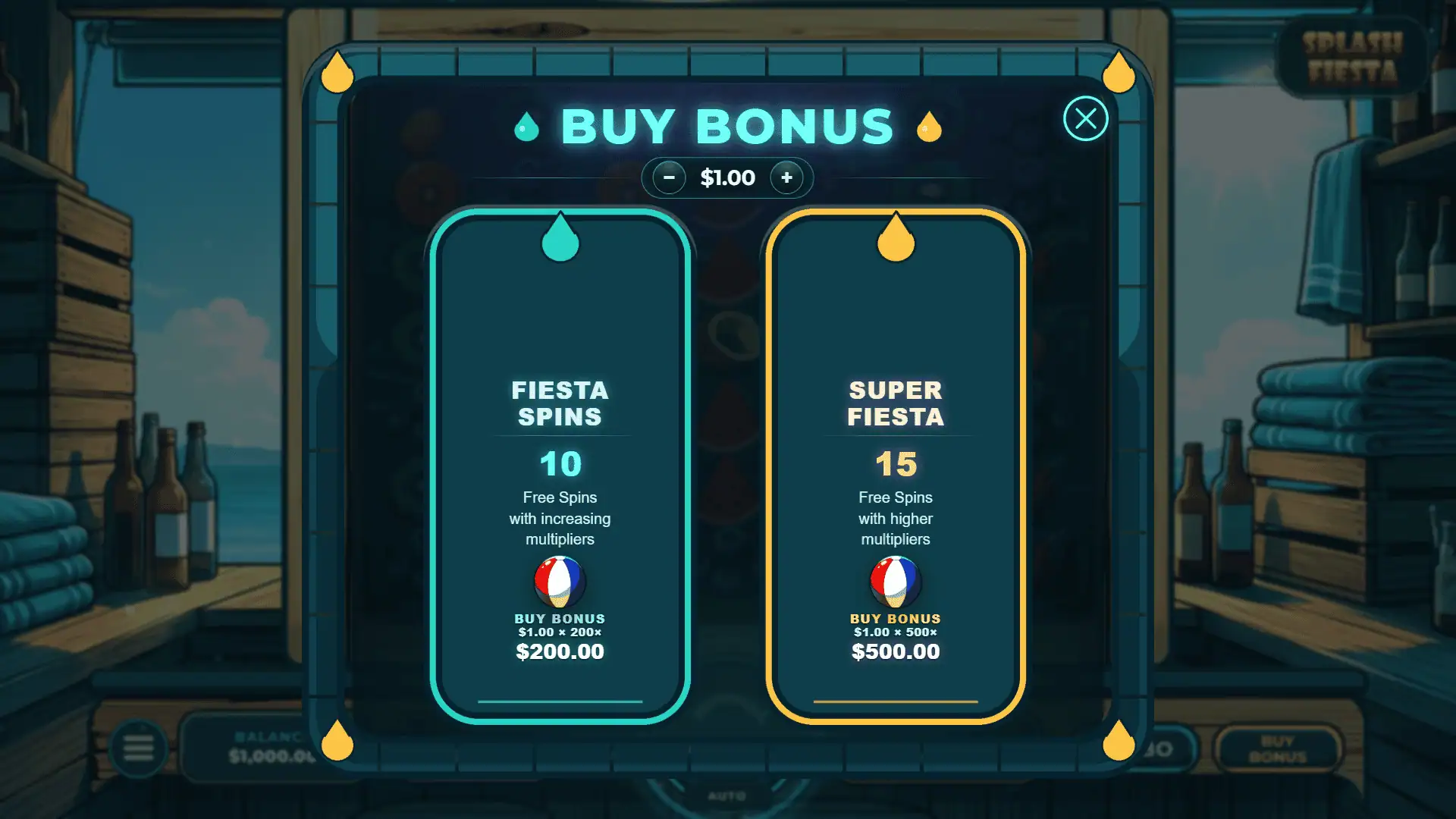 Splash Fiesta Cluster Pays bonus buy menu