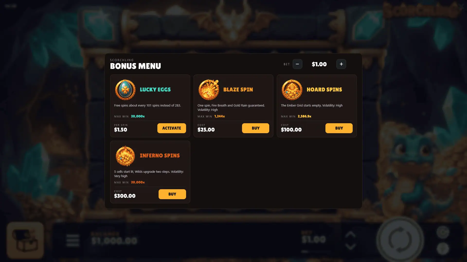 Scorchling bonus buy menu
