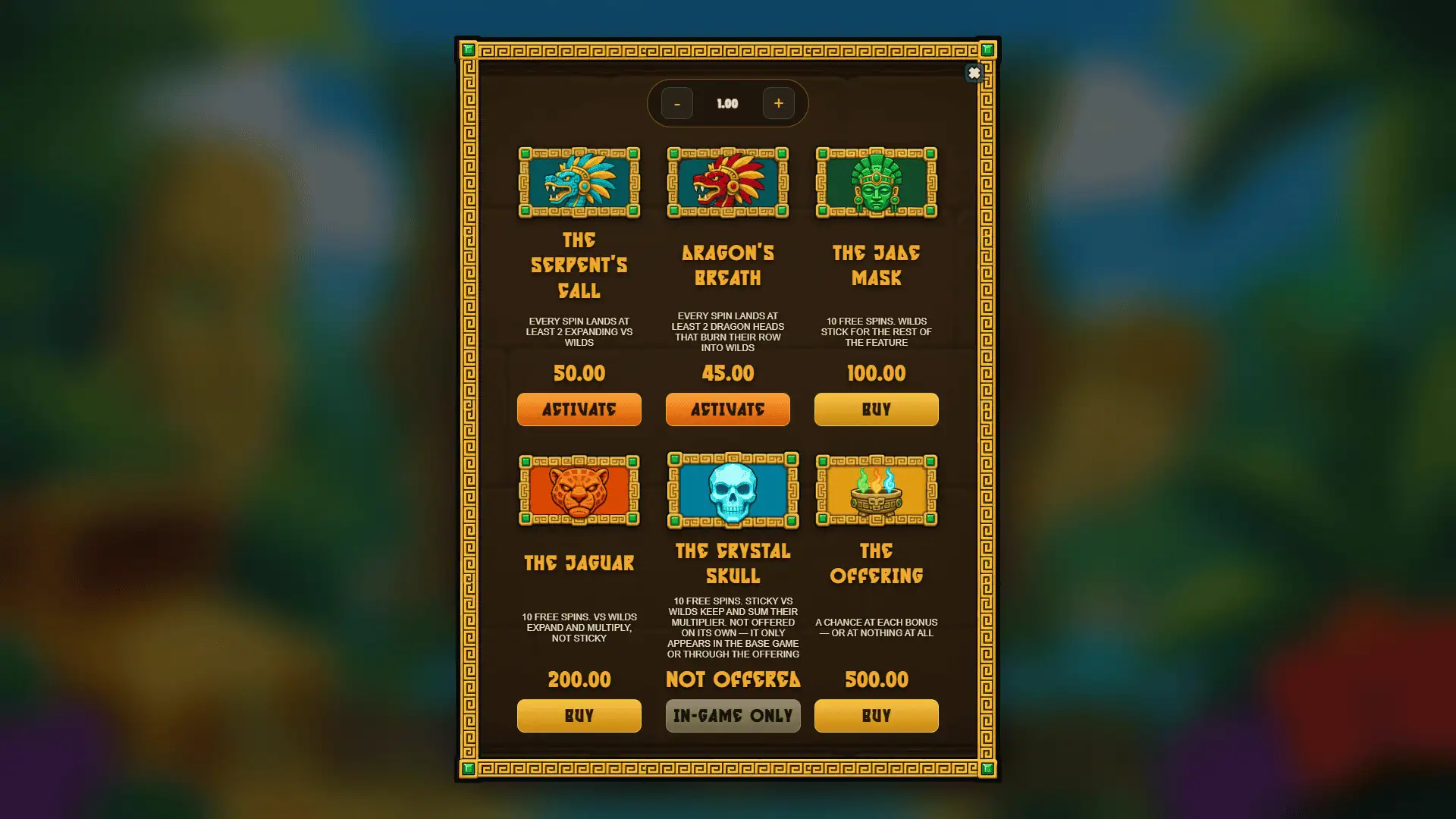 Aztec Treasure Secrets bonus buy menu