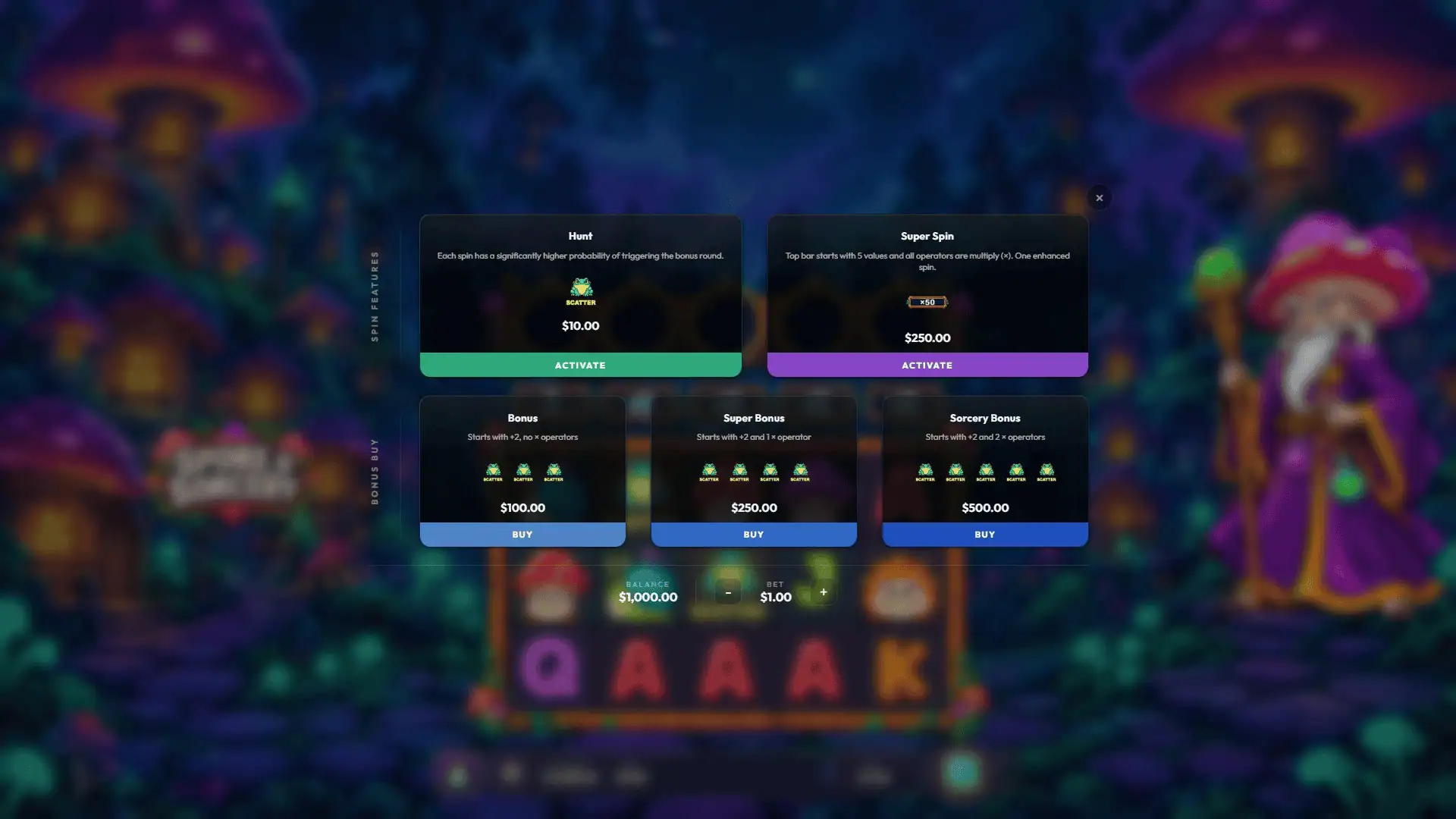 Spore Sorcery bonus buy menu