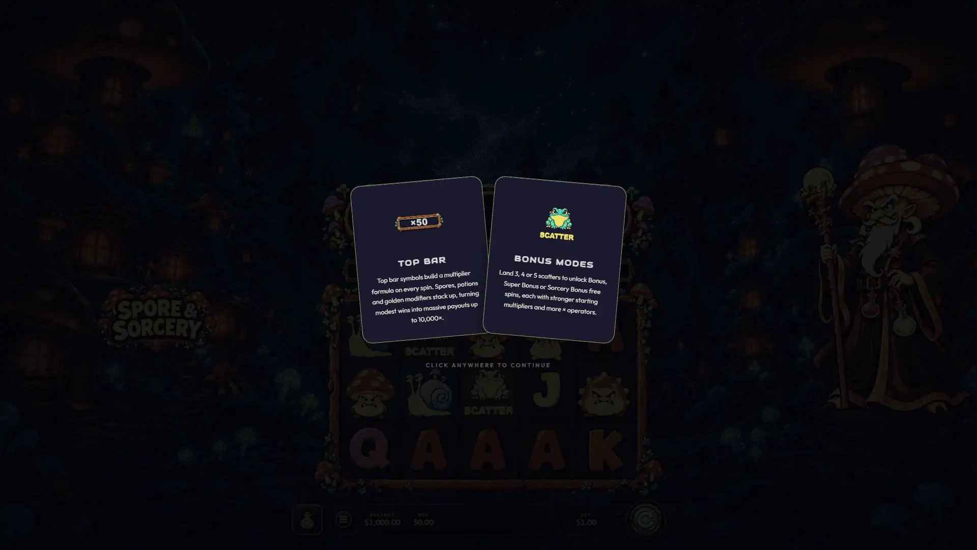 Spore Sorcery slot intro screen