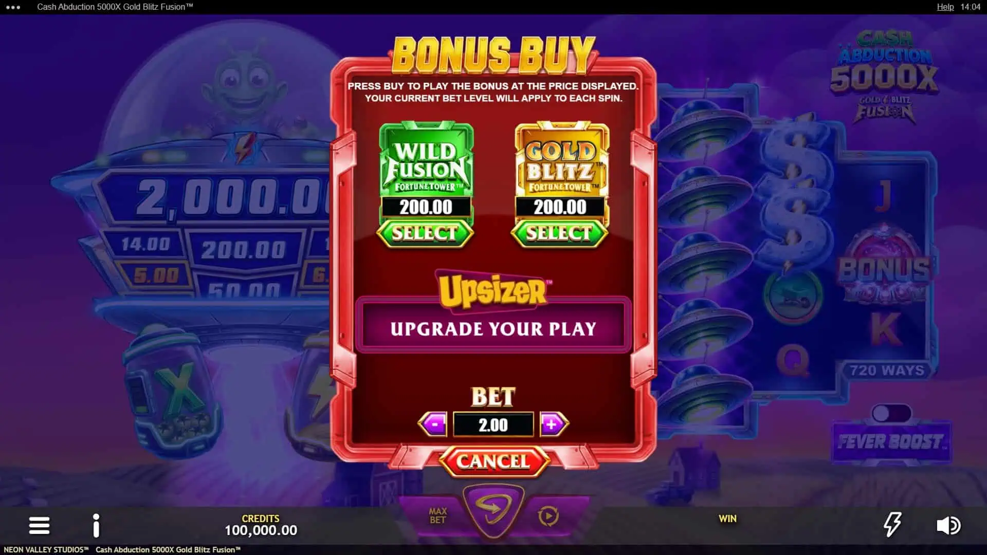 Cash Abduction 5000X Gold Blitz Fusion bonus buy menu