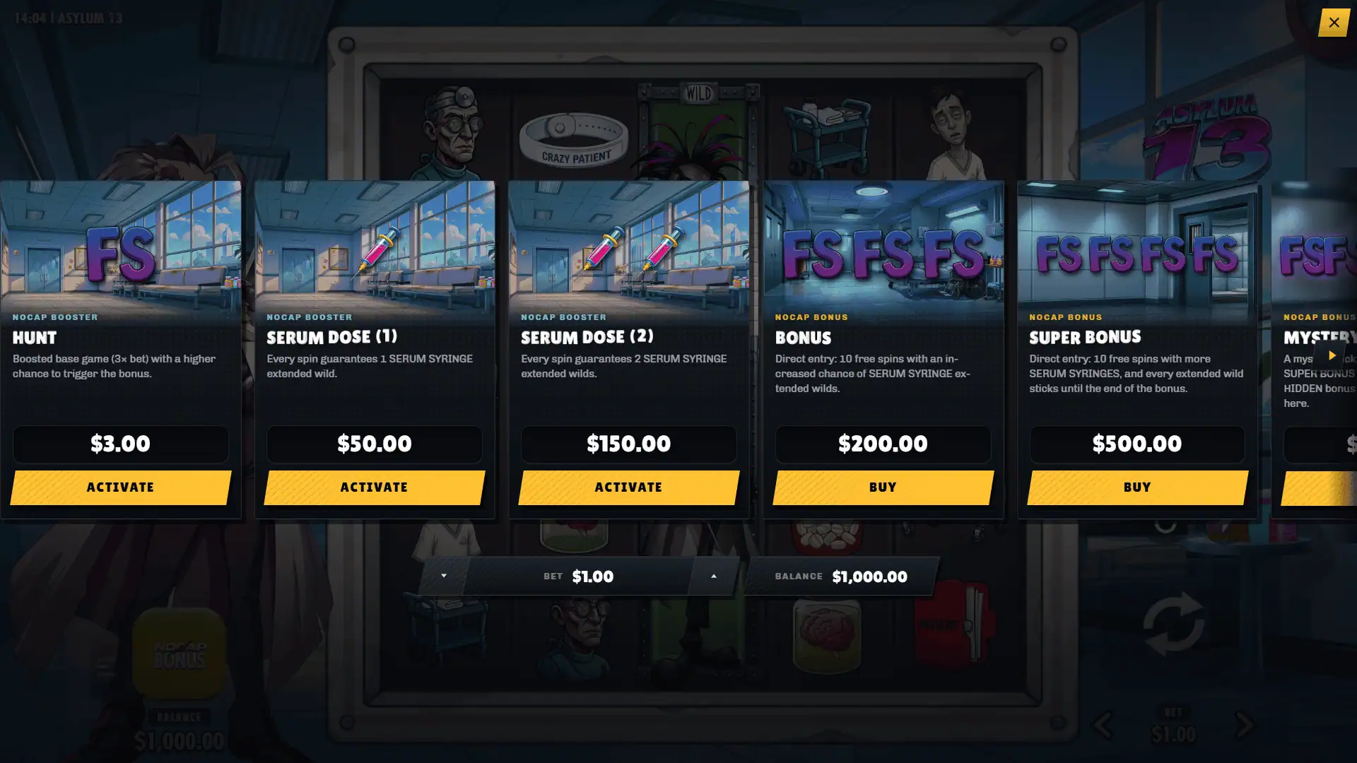 Asylum 13 bonus buy menu
