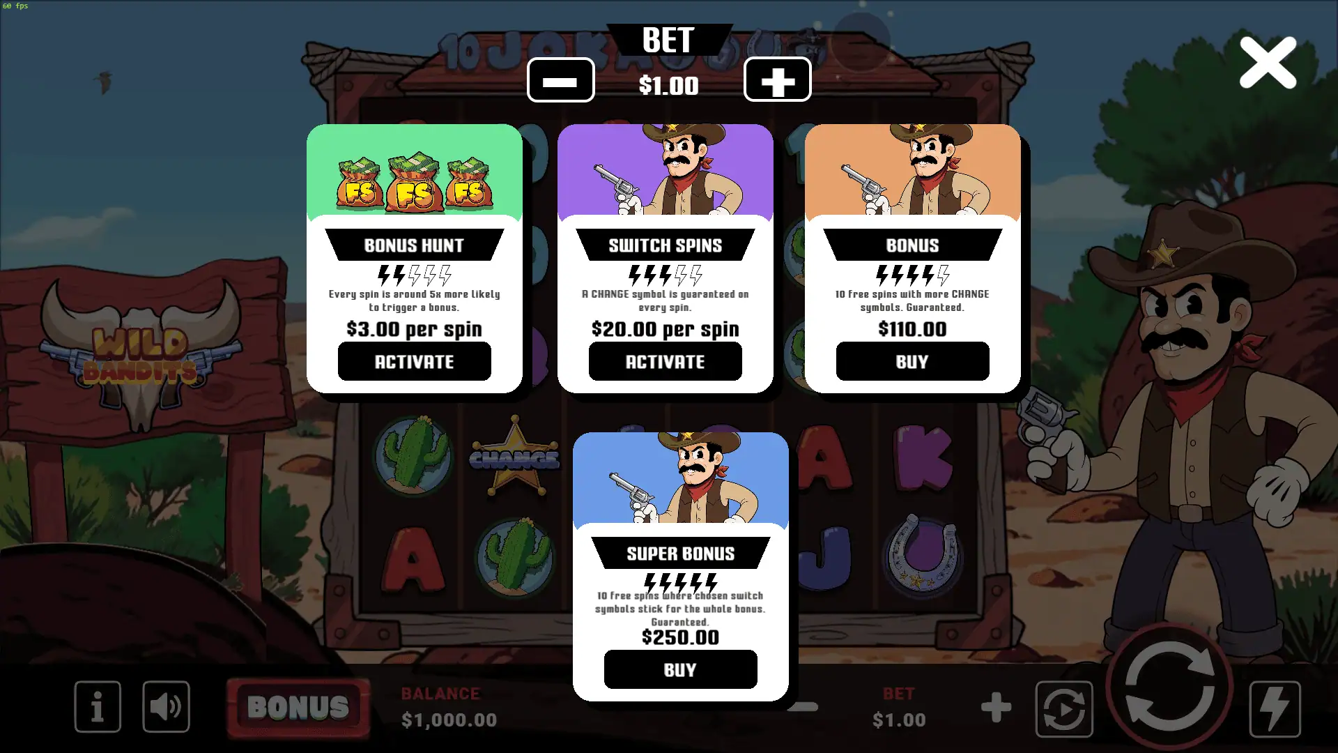Wild Bandits bonus buy menu