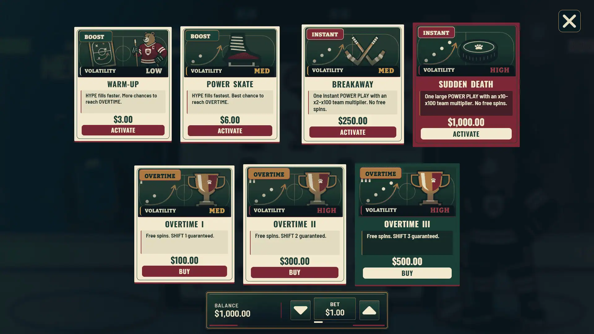 Hockey Heritage bonus buy menu