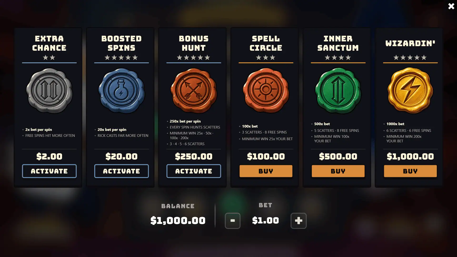 Wizardin' bonus buy menu