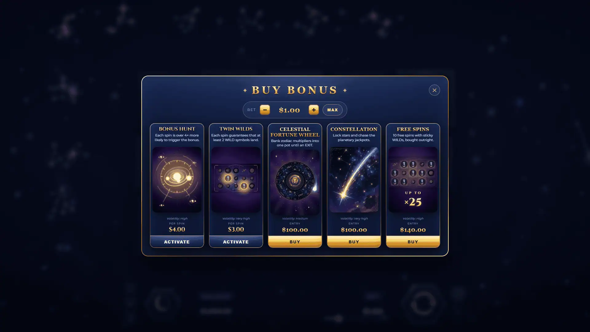 Zodiac Fortune bonus buy menu
