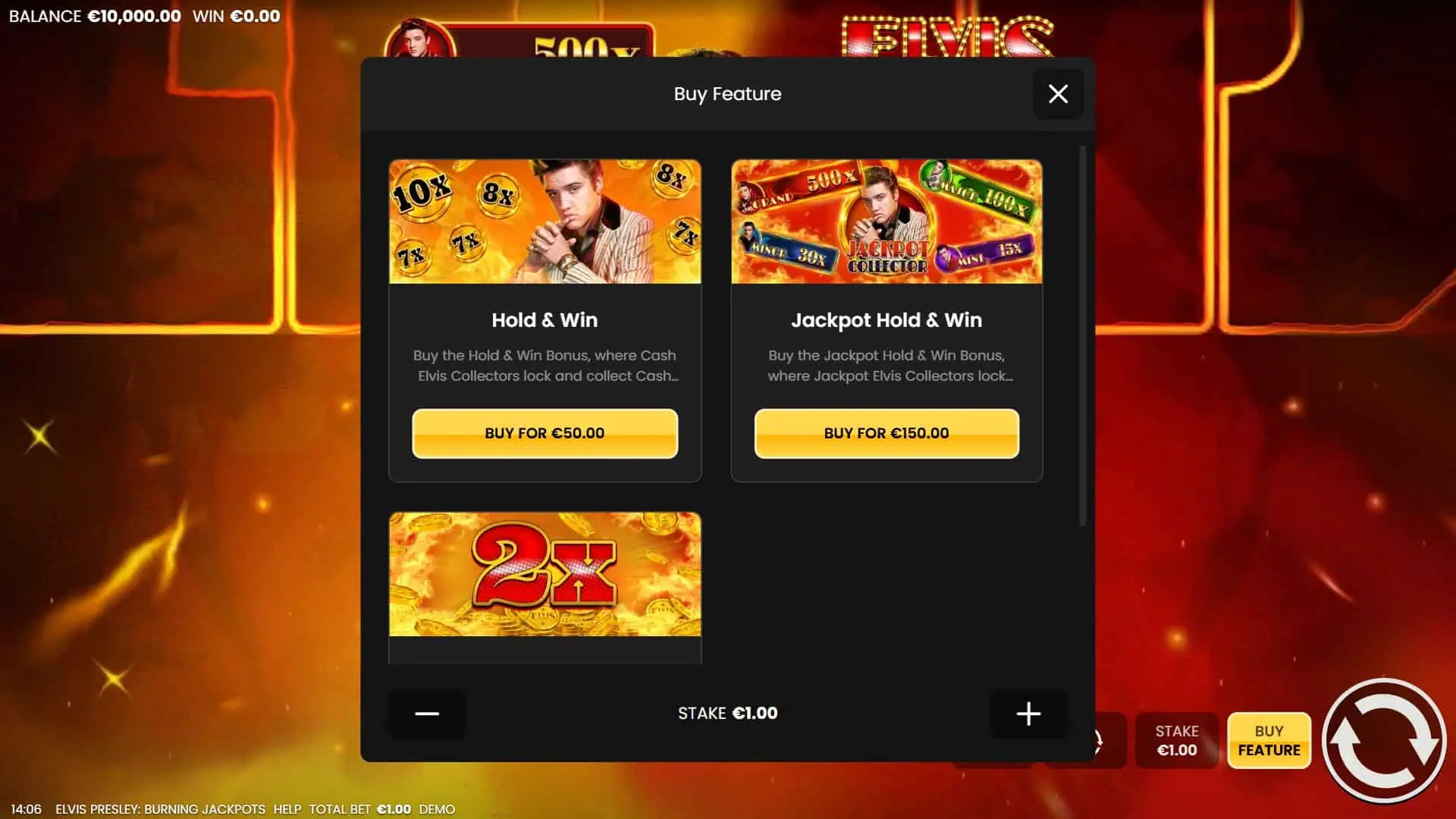 Elvis Presley: Burning Jackpots bonus buy menu