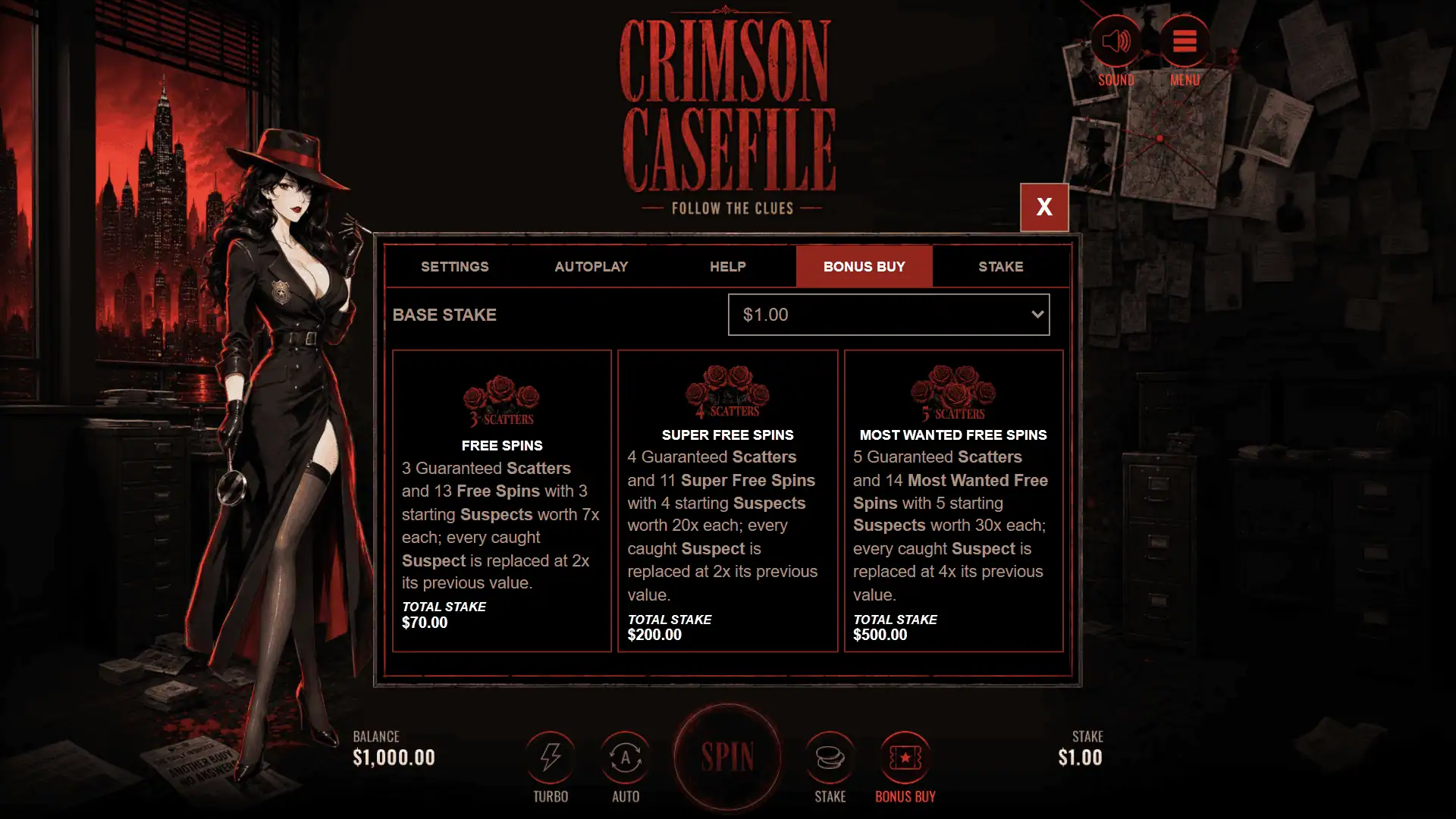 Crimson Casefile bonus buy menu