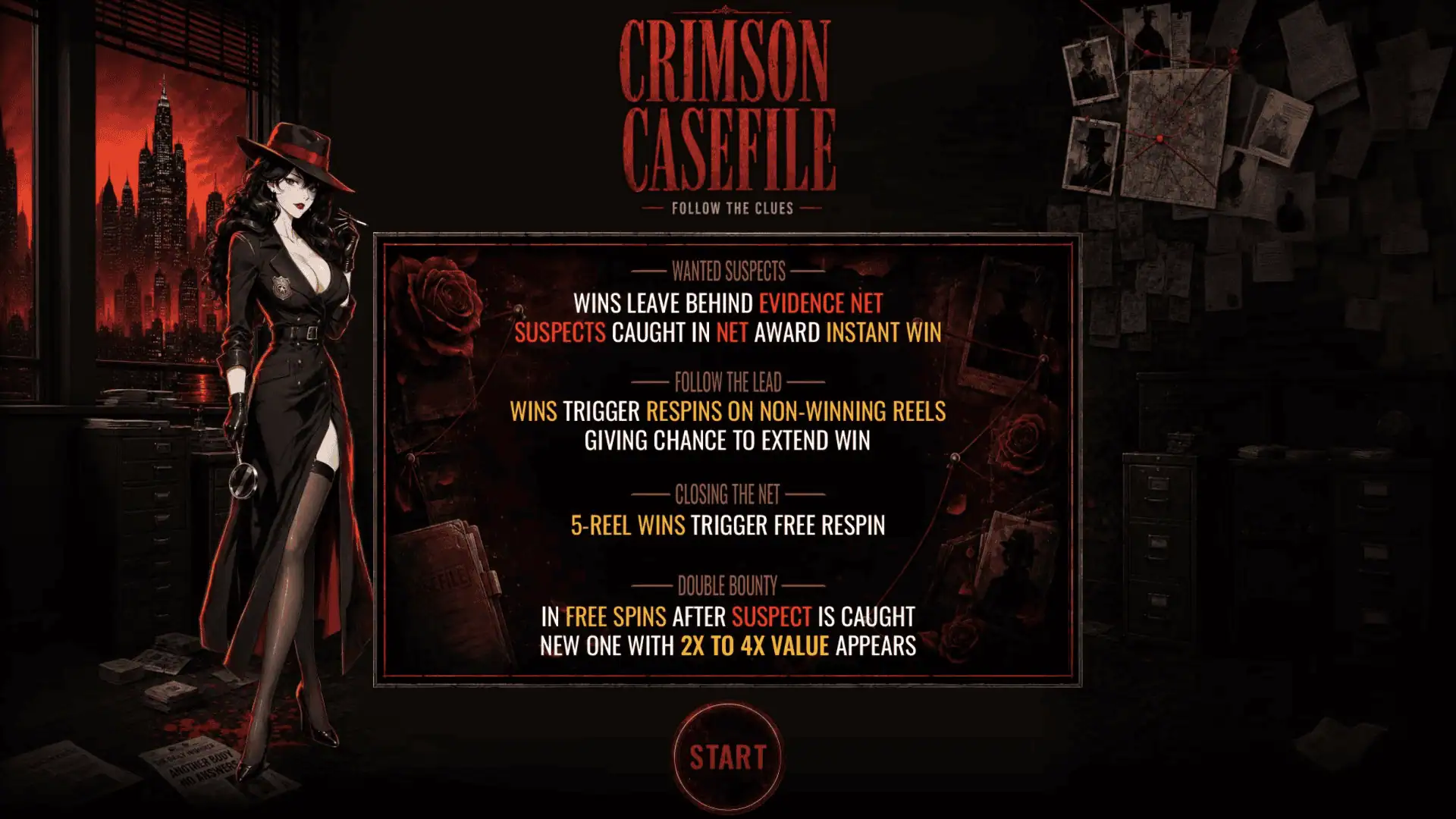 Crimson Casefile slot intro screen