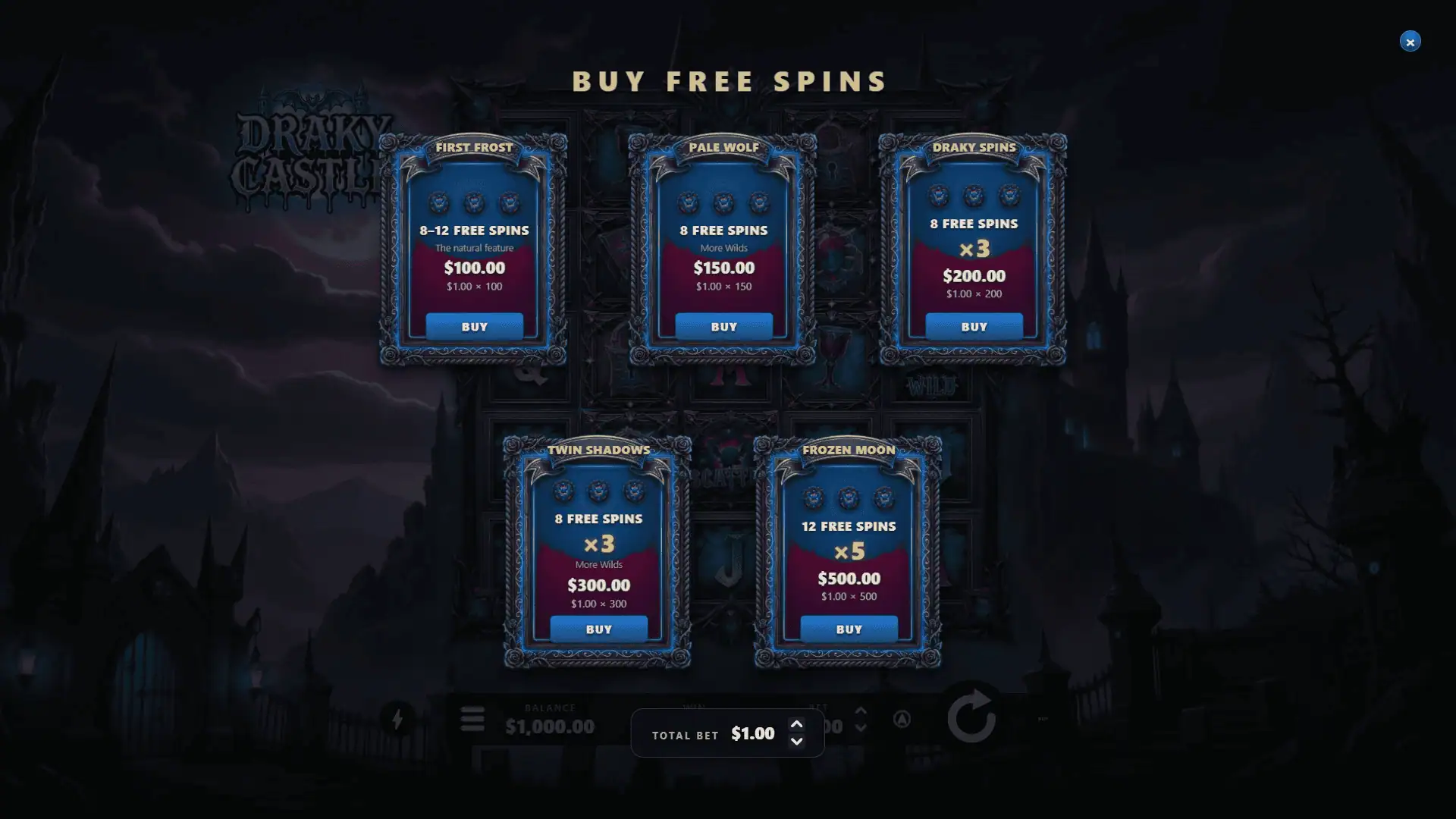 Draky Castle bonus buy menu