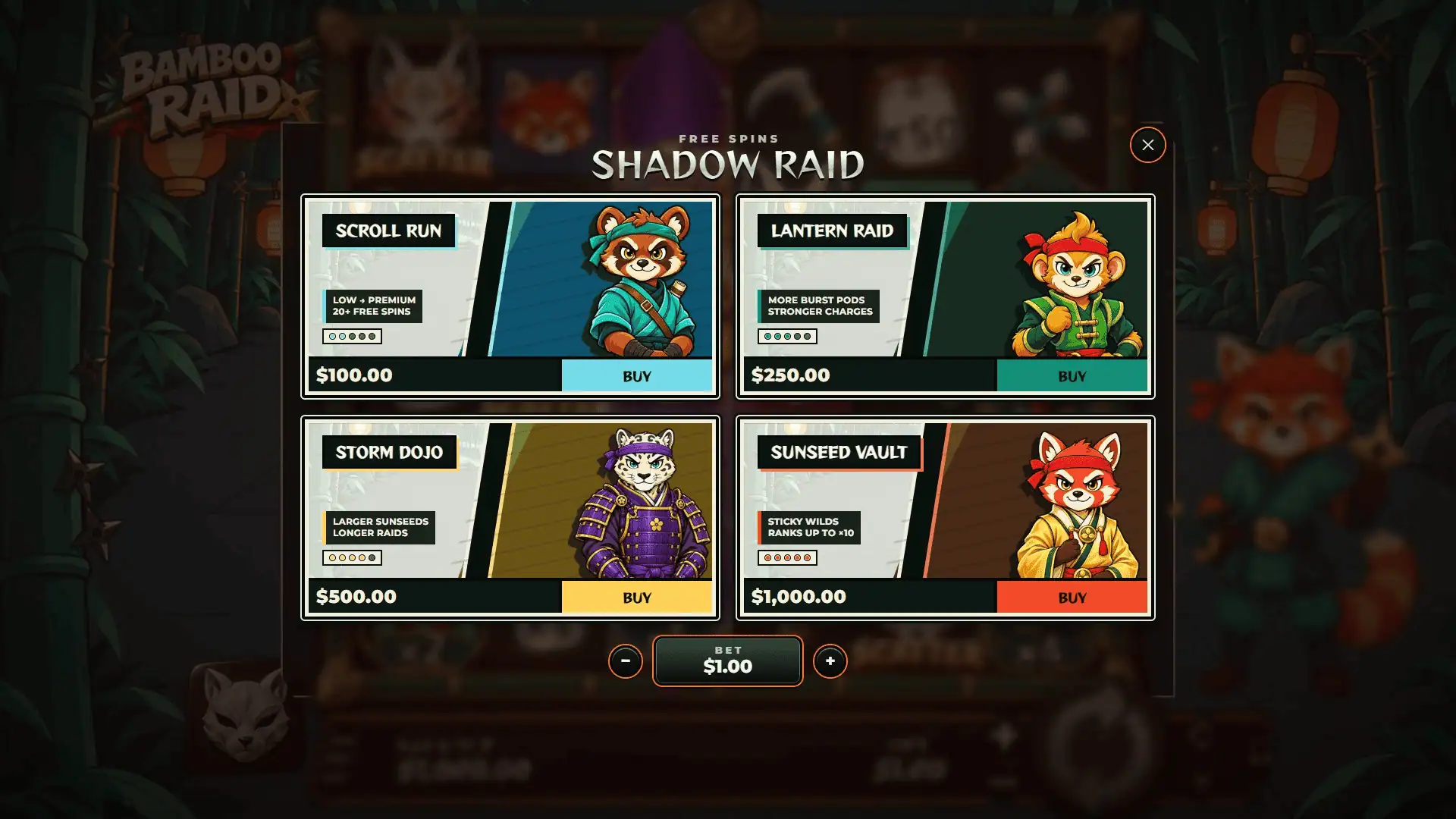 Bamboo Raid bonus buy menu