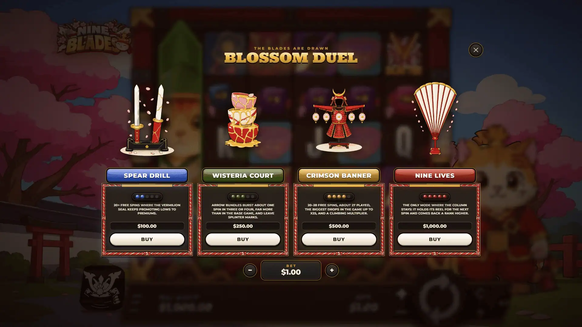 Nine Blades bonus buy menu