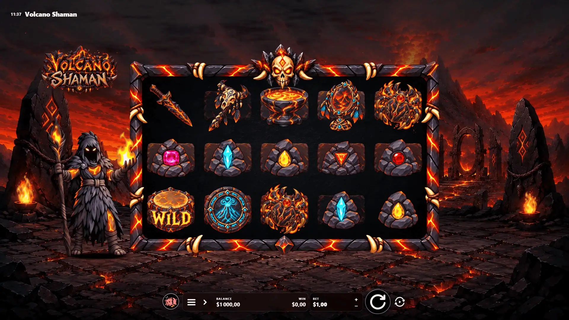 Volcano Shaman slot gameplay reels