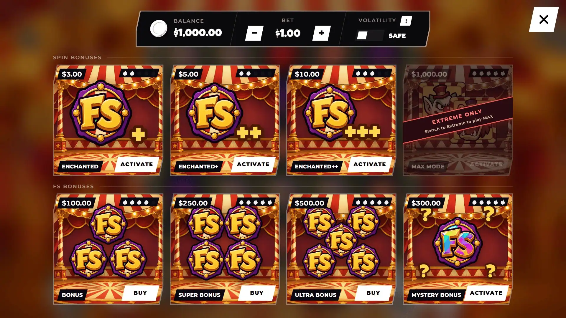 Carnival Chaos bonus buy menu