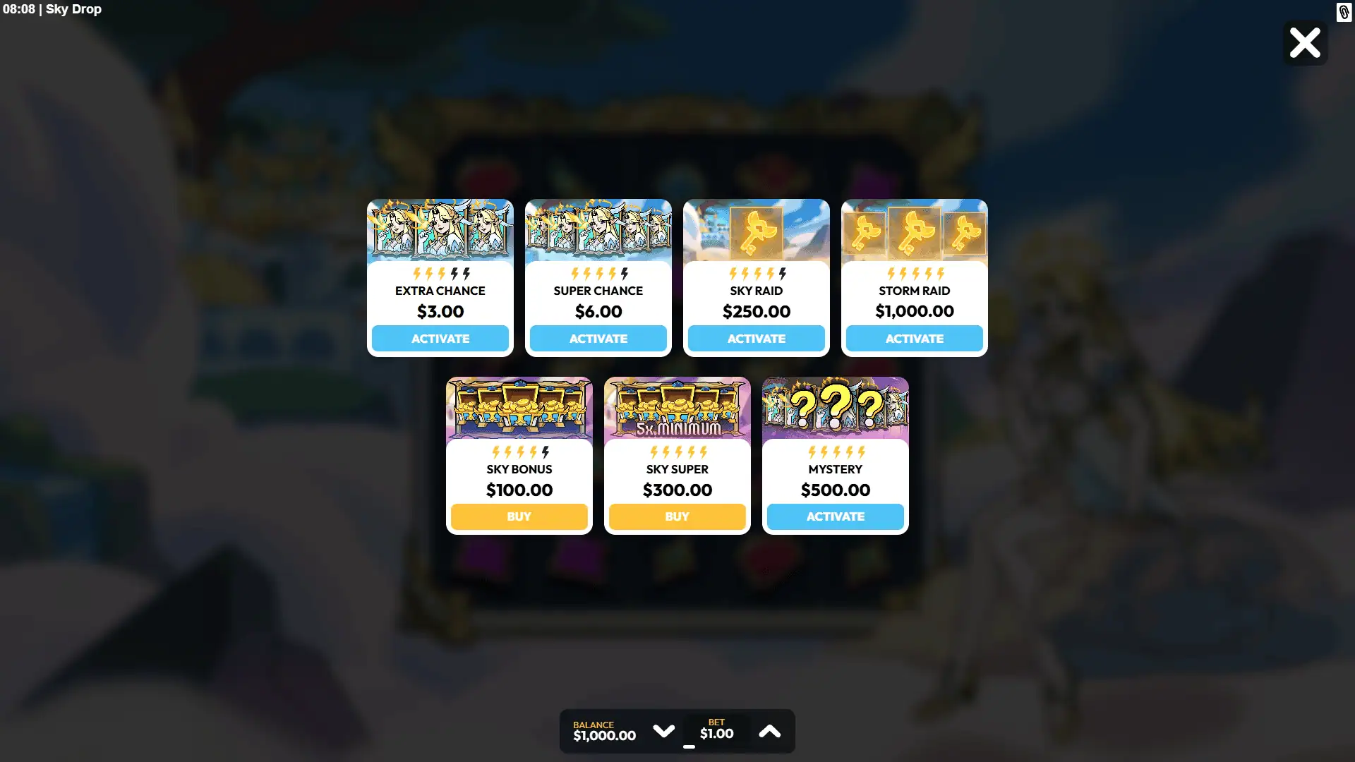 Sky Drop bonus buy menu