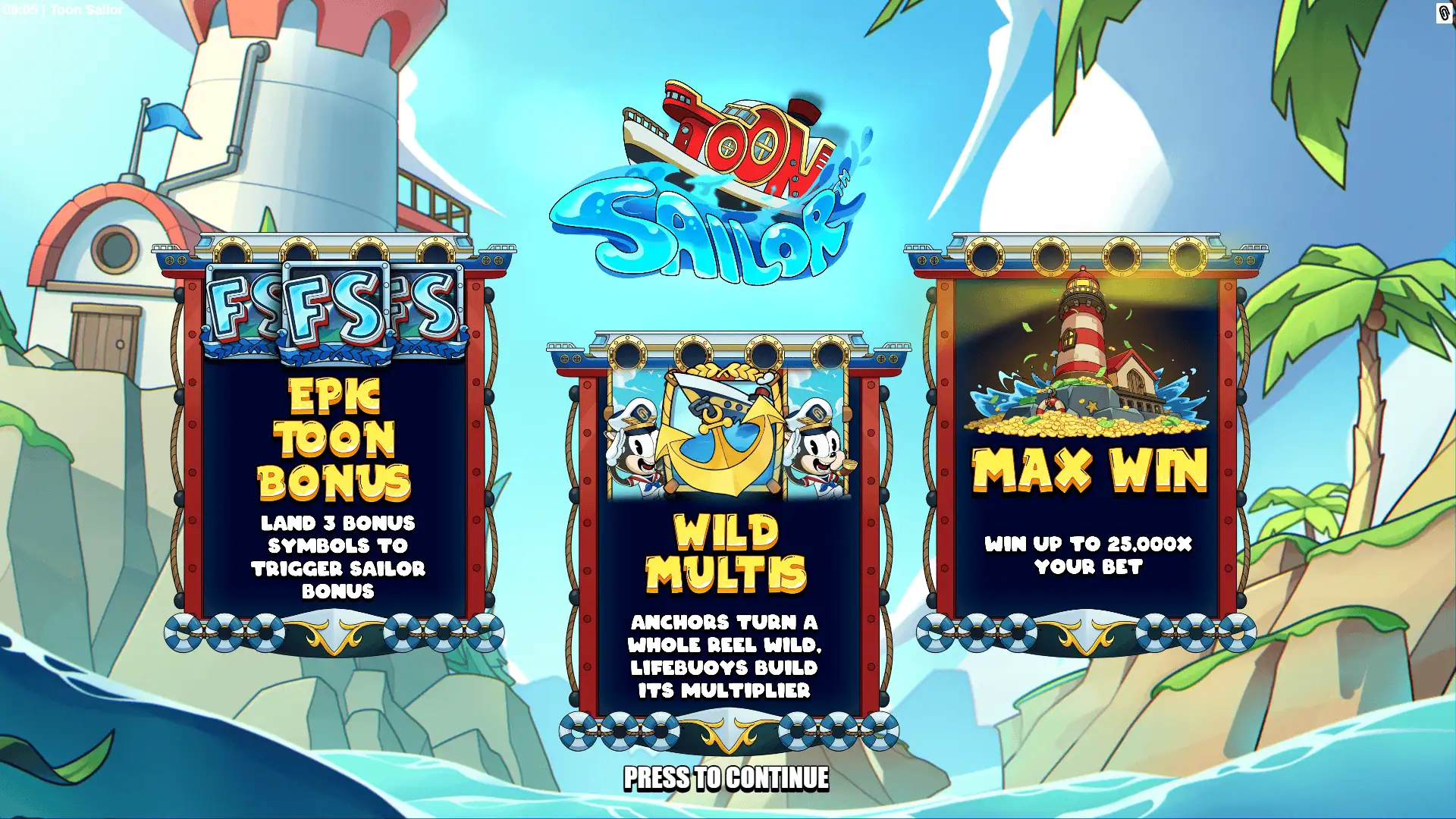 Toon Sailor slot intro screen