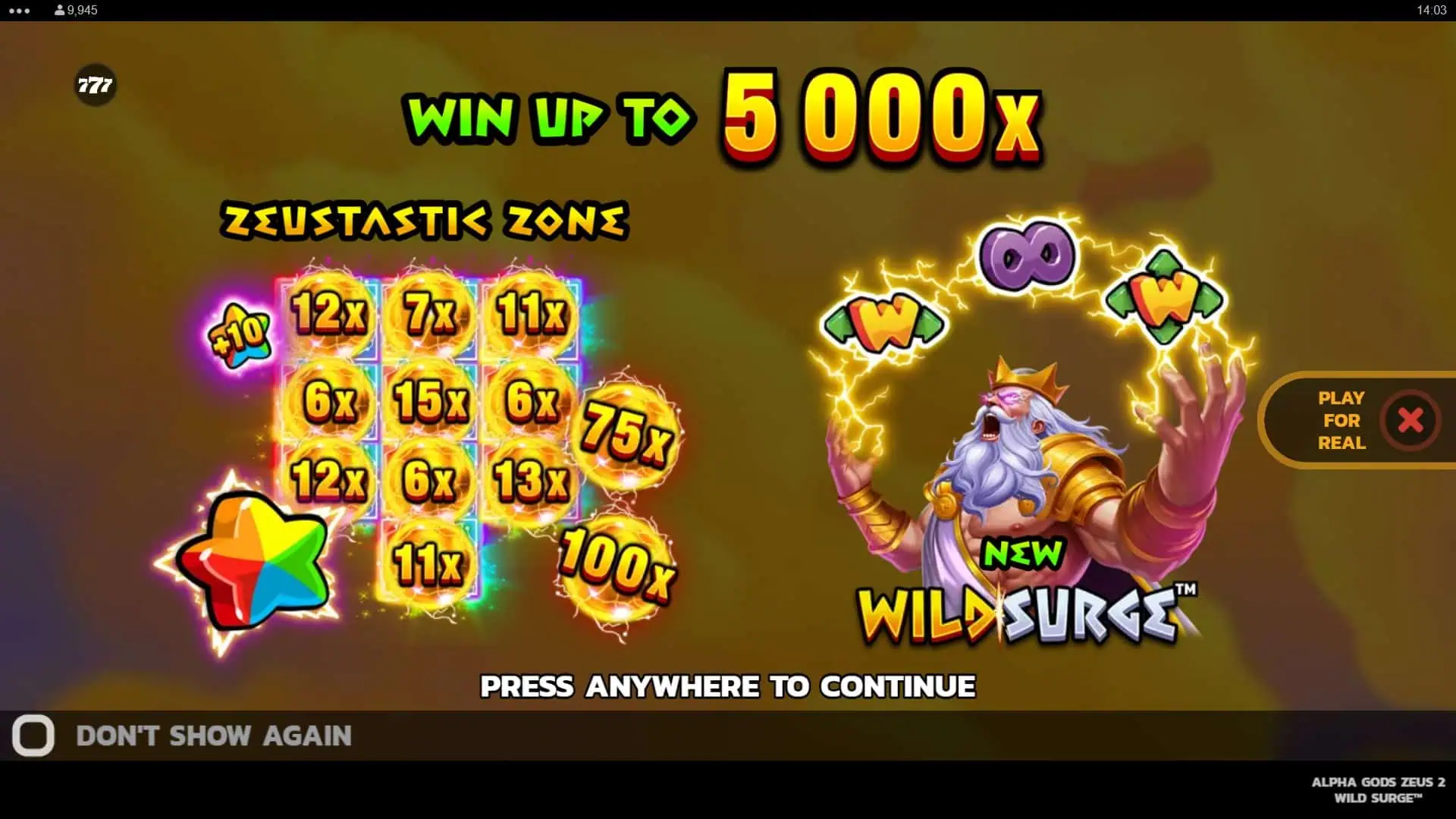 Alpha Gods Zeus 2 Wild Surge slot intro screen