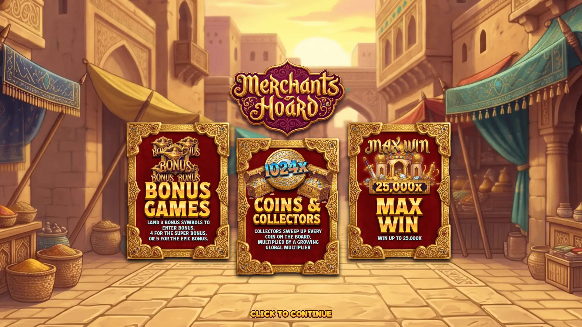 Merchants Hoard slot intro screen